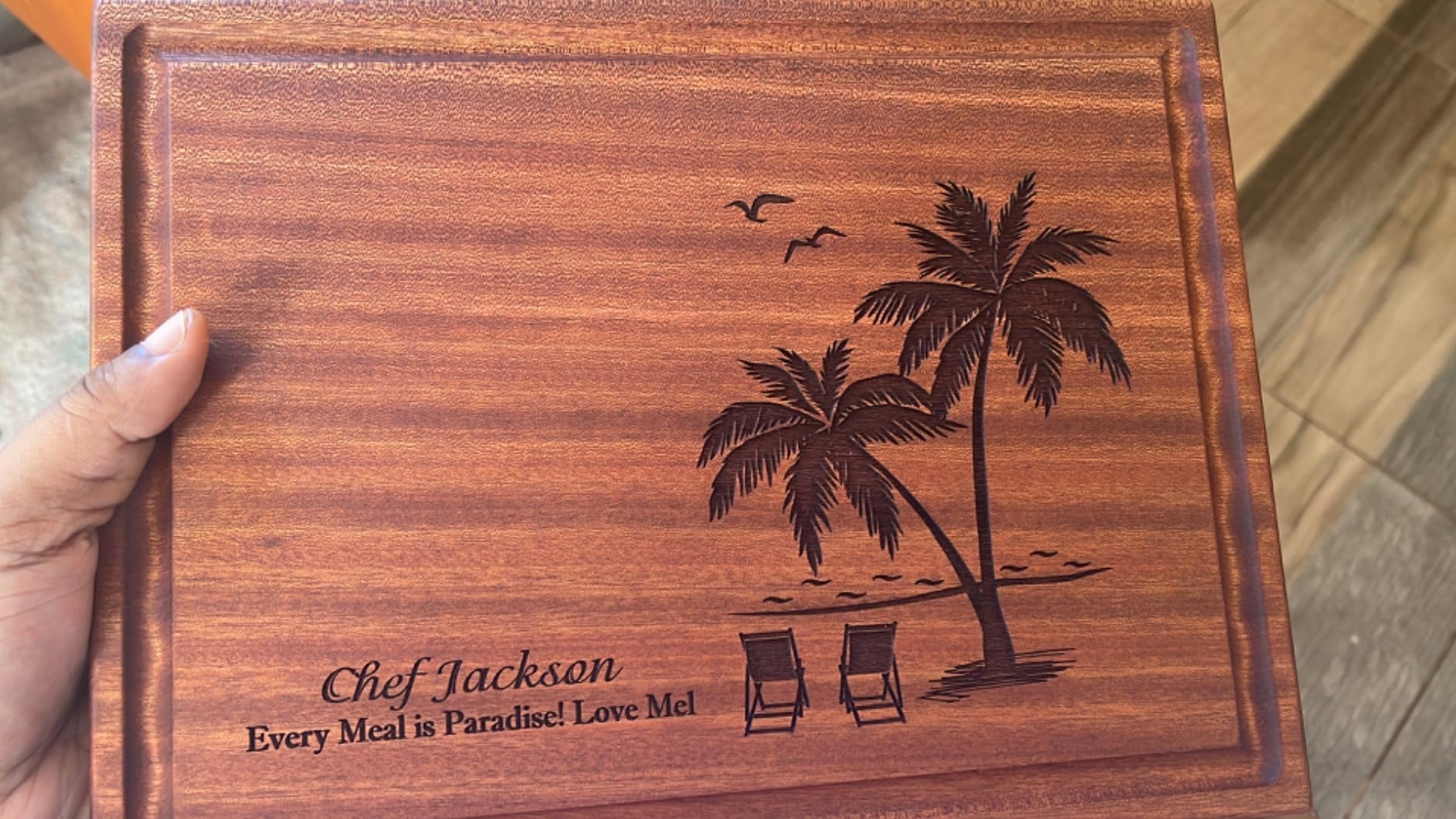 Personalized Tropical Beach Palms Cutting Board, Custom Engraved with Names & Date, Straga Handmade Wood Charcuterie, Anniversary & Destination Wedding Gift for Couples - Made in USA customer photo 2