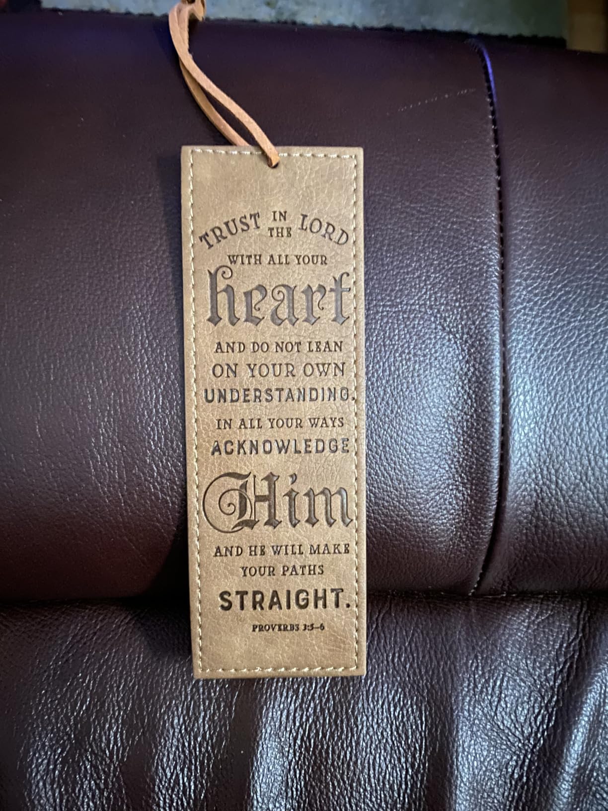 Christian Art Gifts Faux Leather Scripture Bookmark: Trust in The Lord | Proverbs 3:5-6 Bible Verse, Heat-Debossed, Brown with Cord Tassel, Encouragement Gifts customer photo 1