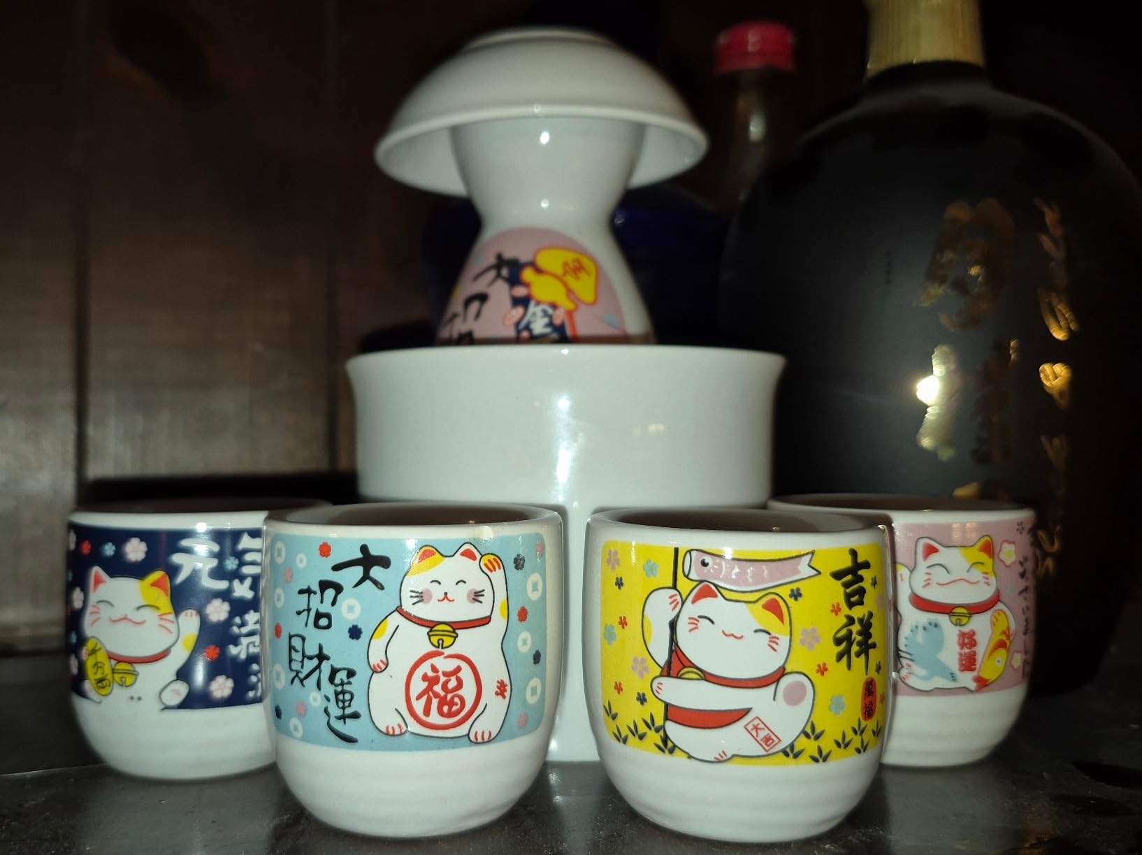 Japanese Ceramic Sake Set 5 Piece Tokkuri Bottle 4 Ochoko Cups Plum Blossom customer photo 1