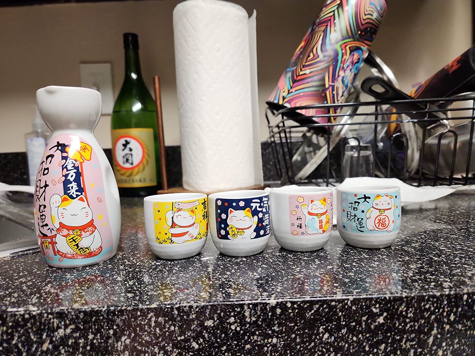 Japanese Ceramic Sake Set 5 Piece Tokkuri Bottle 4 Ochoko Cups Plum Blossom customer photo 2