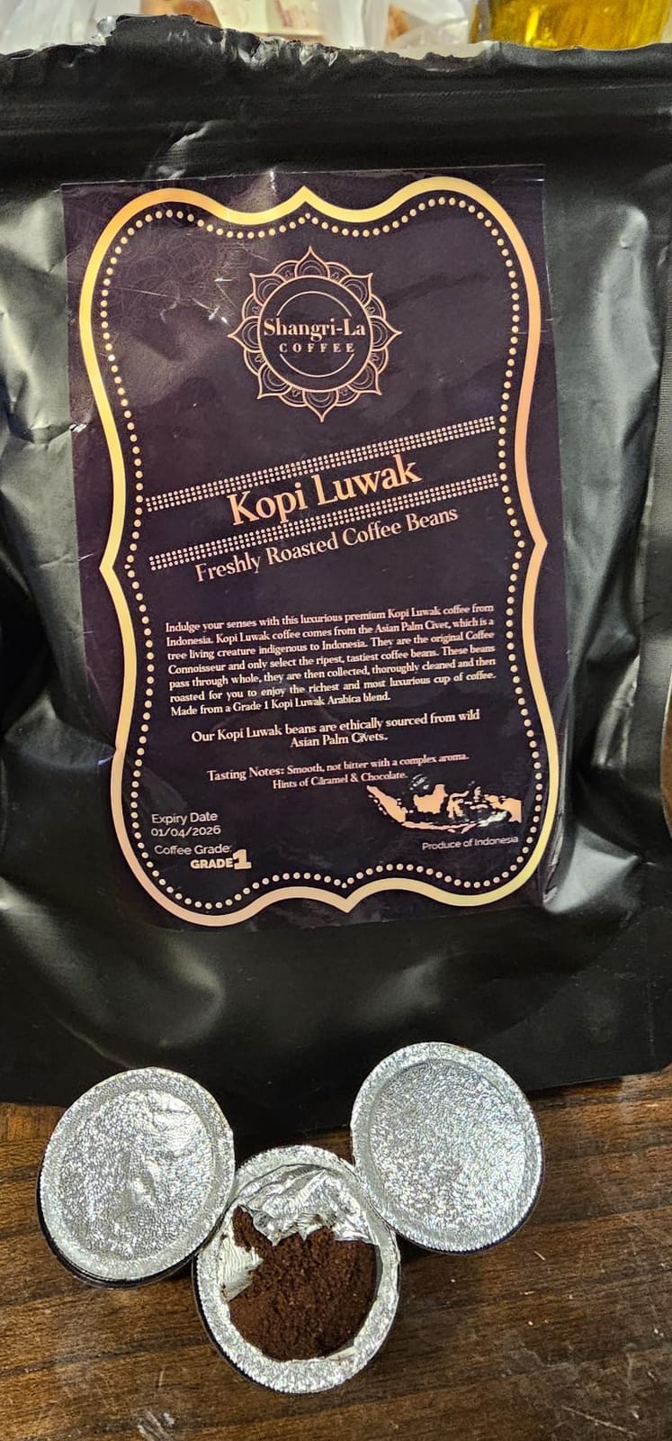 Shangri-La Coffee - Wild Kopi Luwak Coffee Whole Beans - Ethically Sourced - 250 Grams (8.8oz) (Other Weights & Bean Types Available) - Produce of Indonesia customer photo 1