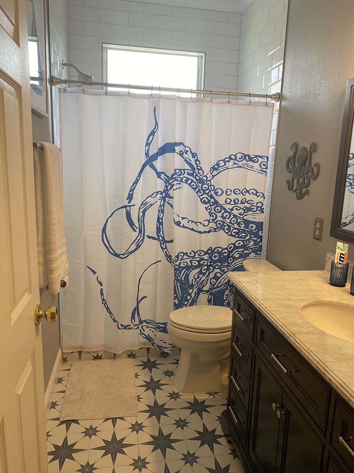 Octopus Shower Curtain 72Wx72H Inch Navy Blue Ocean Kraken Giant Tentacles Sea Creatures Mythical Nautical Animal Fabric Waterproof Bathroom Home Decor Set 12 Plastic Hooks customer photo 2