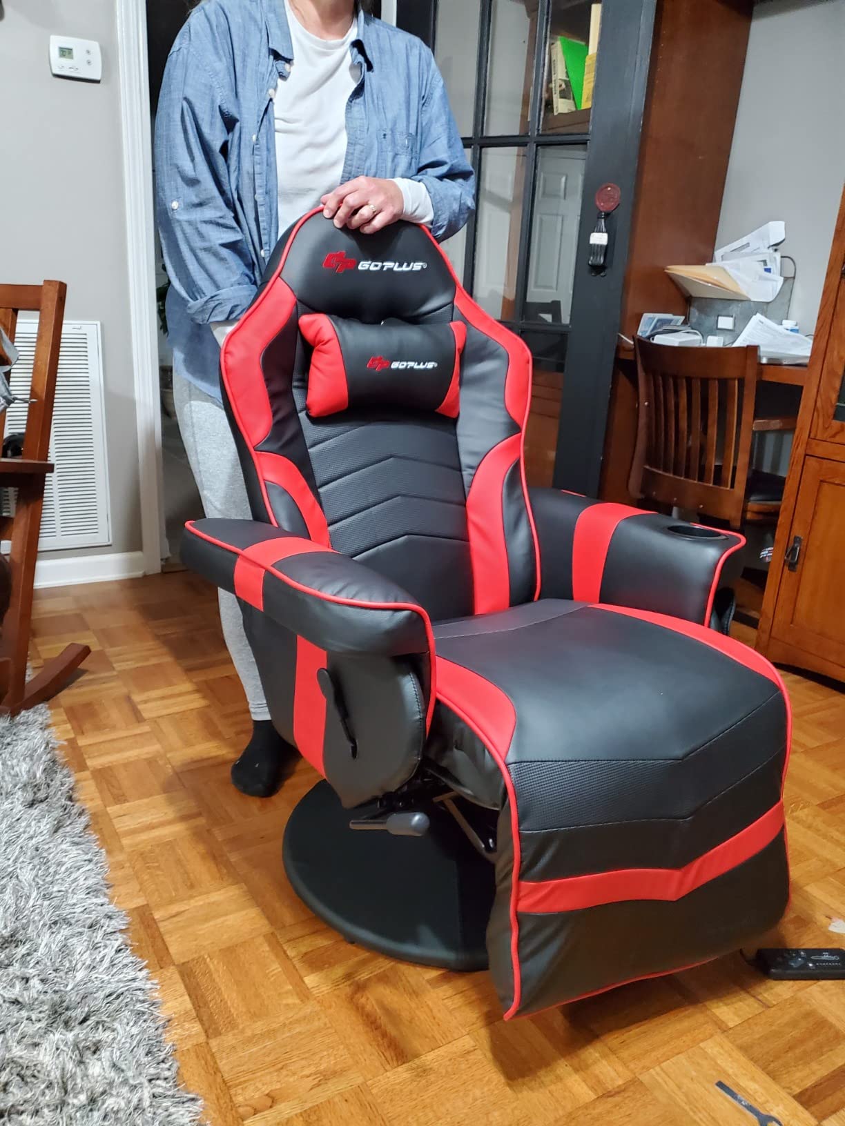 Goplus Massage Gaming Chair, Racing Style Gaming Recliner w/Adjustable Backrest and Footrest, Ergonomic High Back PU Leather Computer Office Chair Swivel Game Chair w/Cup Holder and Side Pouch customer photo 1