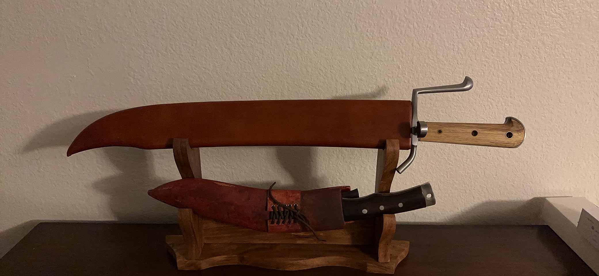 Mythrojan Solid Wood Sword Stand Wall Mount Display Rack for Medieval, Samurai, Katana & Knife Collections Durable, Stylish, Space-Saving Holder - Two Tier Stand customer photo 2
