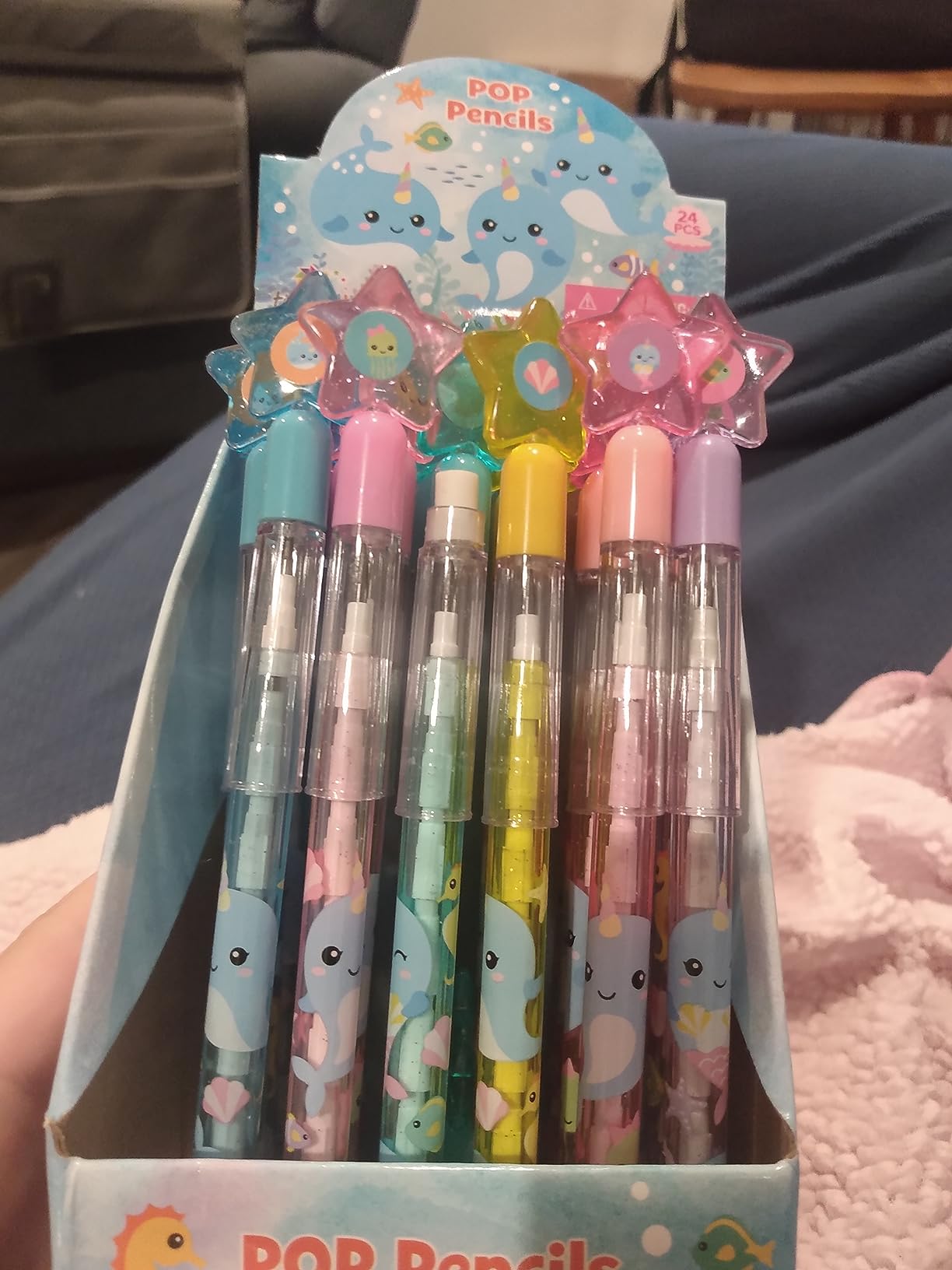 TINYMILLS 24 Pcs Narwhal Multi Point Pencils Stackable Stacking Push Pencils Assortment with Eraser for Girl Birthday Party Favor Goodie Bag Stuffers Carnival Prizes Classroom Rewards customer photo 1