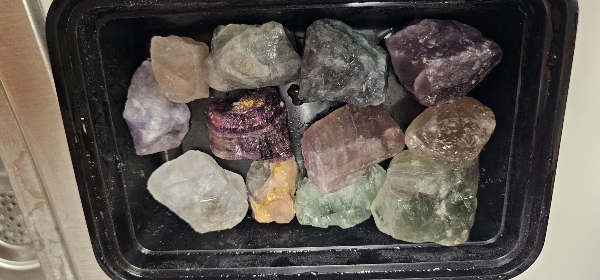 FIREBOOMOON 2lb Rough Rainbow Fluorite Crystal Rocks for Tumbling Cabbing | Rainbow Mineral 1.18-2.2In, Mohs 4 Hardness, Dust Coat Soak Off, UV Reactive Bands, Wire Wrap Specimens Reiki Decor customer photo 1