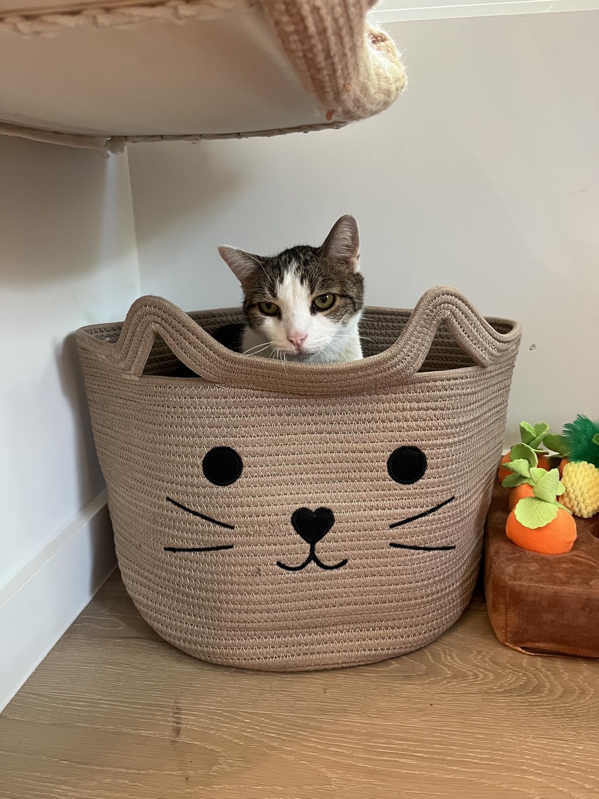 VK VK·LIVING Animal Baskets Large Woven Cotton Rope Storage with Cute Cat Design Laundry Organizer for Towels, Blanket, Toys, Clothes, Gifts – Cat Toy Box Pet or Baby Gift Baskets 15