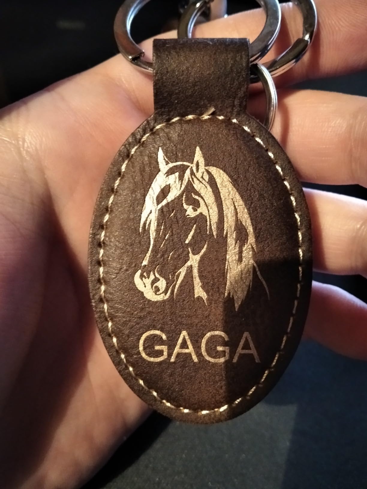 LaserGram Personalized Oval Keychain, Horse Head 1 (Rustic with Gold) customer photo 2