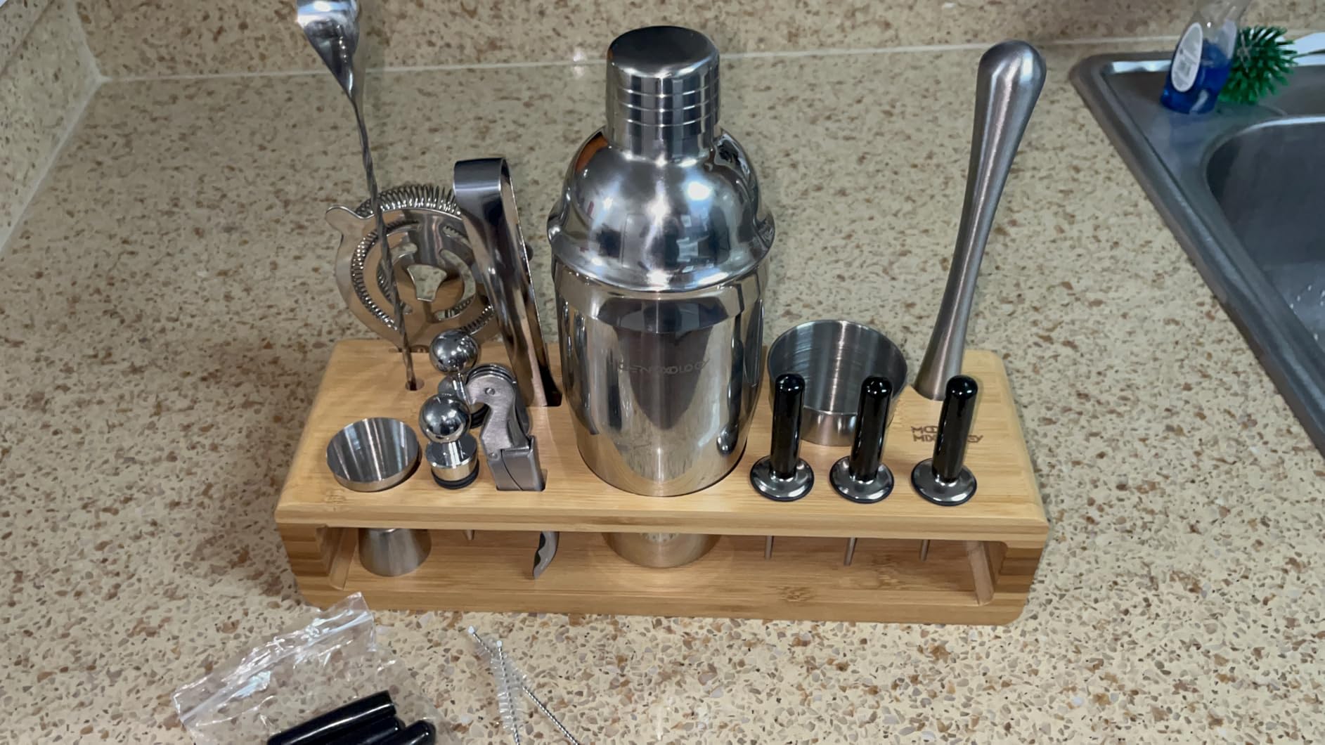 Modern Mixology Cocktail Shaker Set - Bartender Kit with Pine Stand | Leak-Proof Design | Includes Martini Shaker, Jigger, Strainer, Spoon, Tongs | Perfect Bar Tools Gift for Home Mixology (Silver) customer photo 2