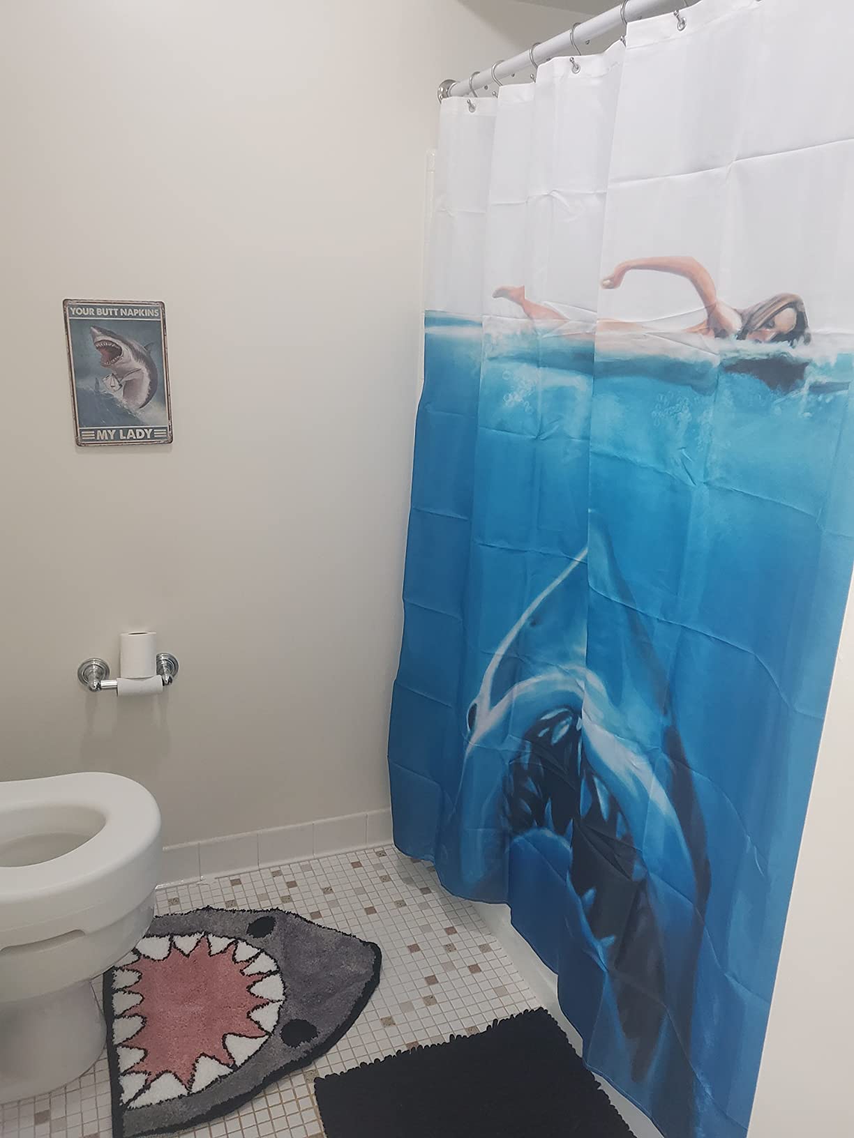 Ocean-Themed Shark Whale Shower Curtain Waterproof Bathroom Decorative Shower Curtain Simple Stylish with 12 Hooks 71x71 inches. customer photo 1
