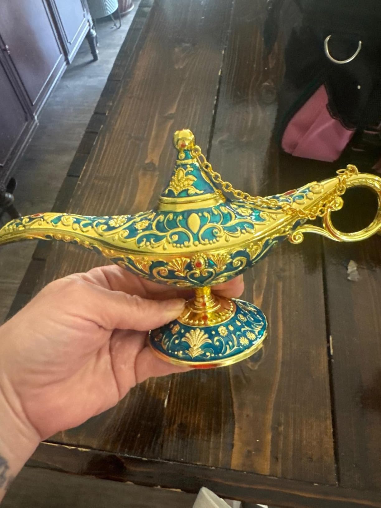 Vintage Aladdin Magic Lamp Genie Collector's Edition /Wedding Table Decoration,Collectable Rare Classic Arabian Props Aladdin Pot & Delicate Gift for Party/Birthday(Peacock Blue) customer photo 1