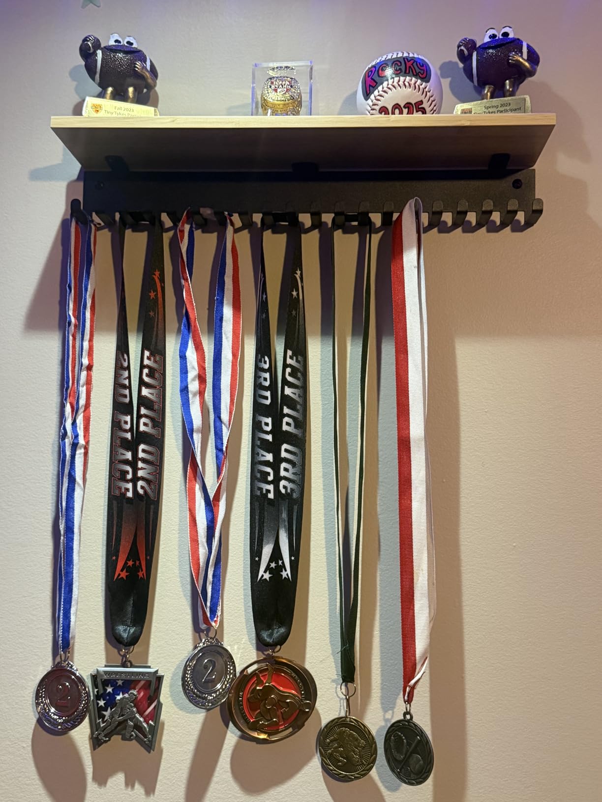 iBobbish Premium Trophy and Medal Display Shelf 16inchL, Metal Trophy Shelf with Hooks Upgraded, Large Bamboo Trophy Board Display, Sturdy Trophy Shelf with Hooks for Medals Metal Wall Mount Medals customer photo 2