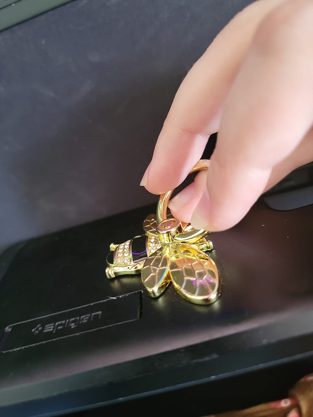 Bee Phone Ring Holder Finger Kickstand with Crystal, Cute Phone Ring Grip Holder for iPhone or Smartphone Cases, Gold Black customer photo 1