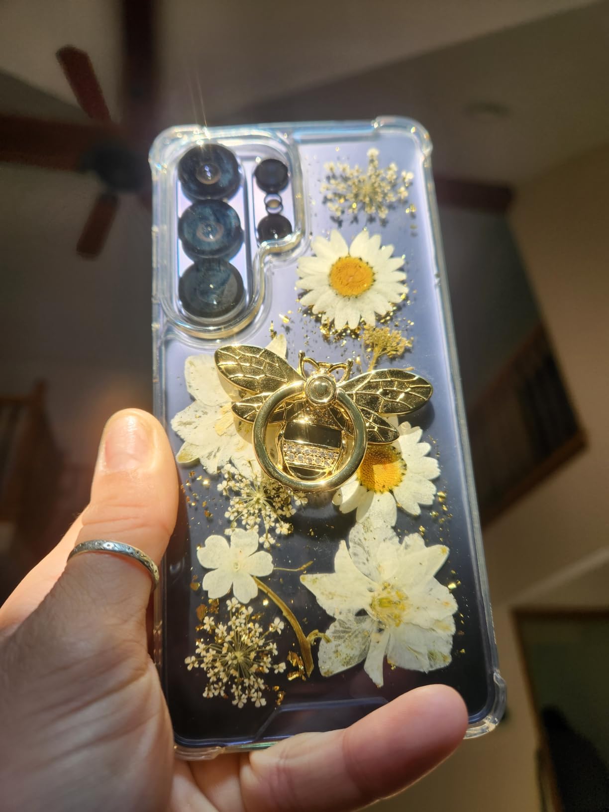 Bee Phone Ring Holder Finger Kickstand with Crystal, Cute Phone Ring Grip Holder for iPhone or Smartphone Cases, Gold Black customer photo 2