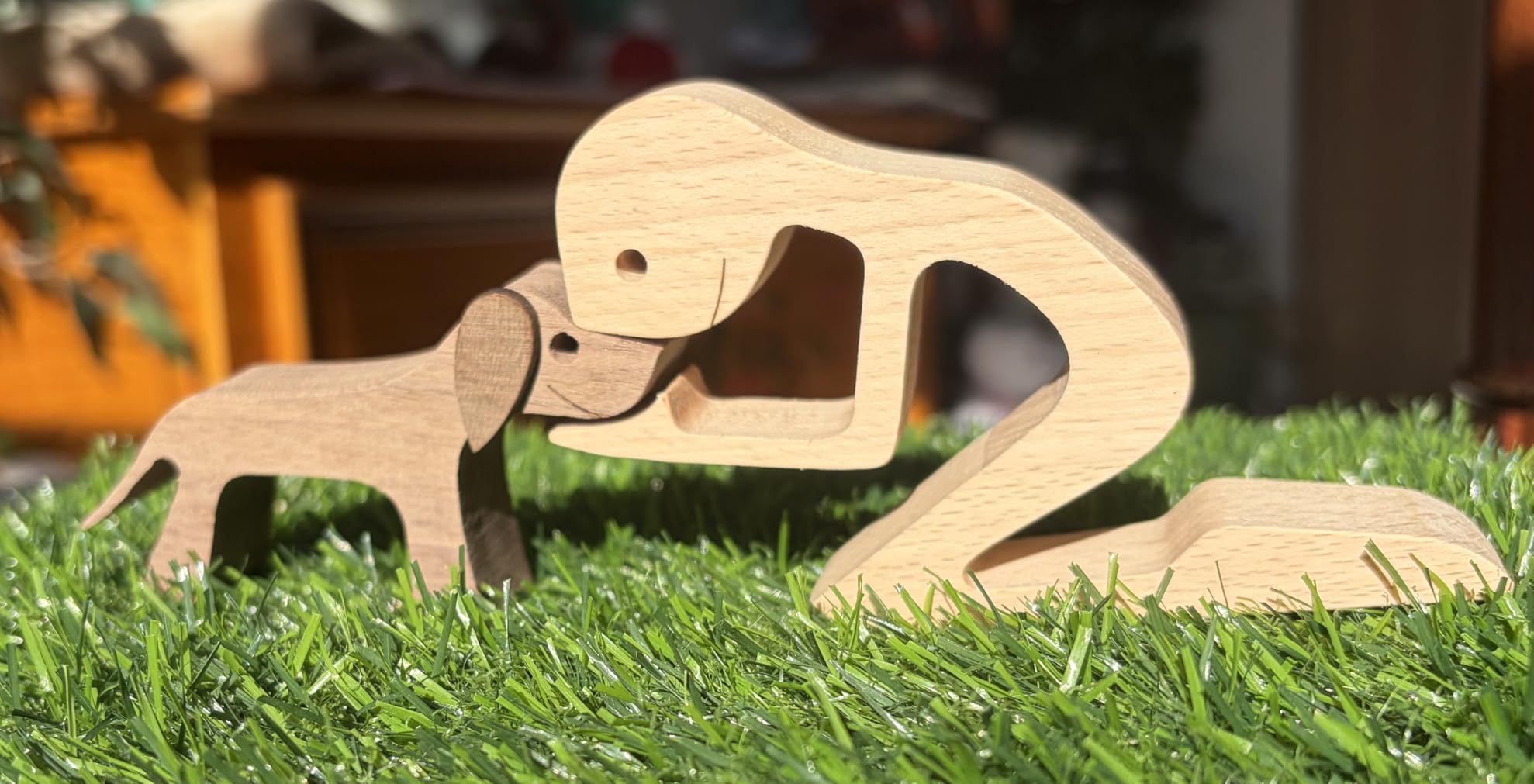 ISHINE Handmade Wooden Statue, Sitting Woman and Dog, Wood Decor Accents Craft Figurine for Bedroom Home Office Shelf Decor Gift Natural ECO Friendly customer photo 1