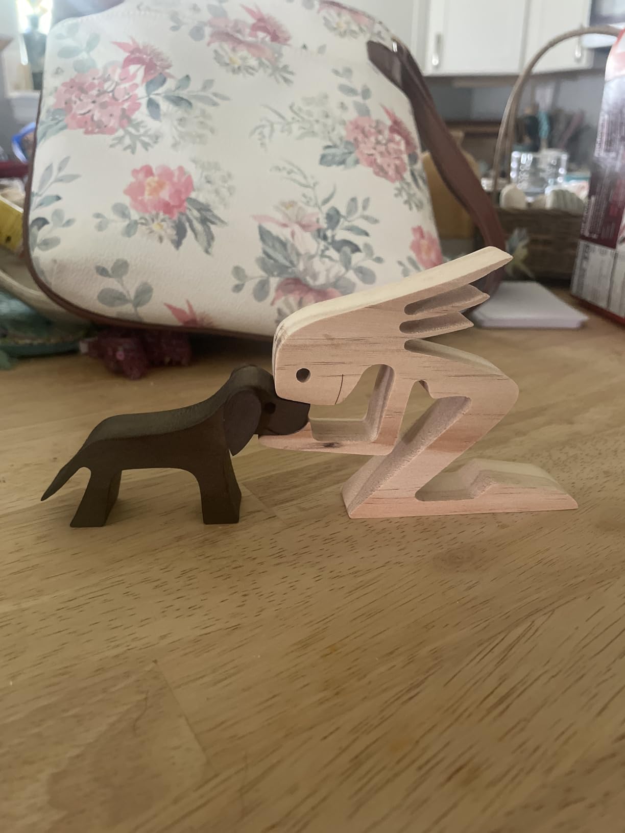 ISHINE Handmade Wooden Statue, Sitting Woman and Dog, Wood Decor Accents Craft Figurine for Bedroom Home Office Shelf Decor Gift Natural ECO Friendly customer photo 2