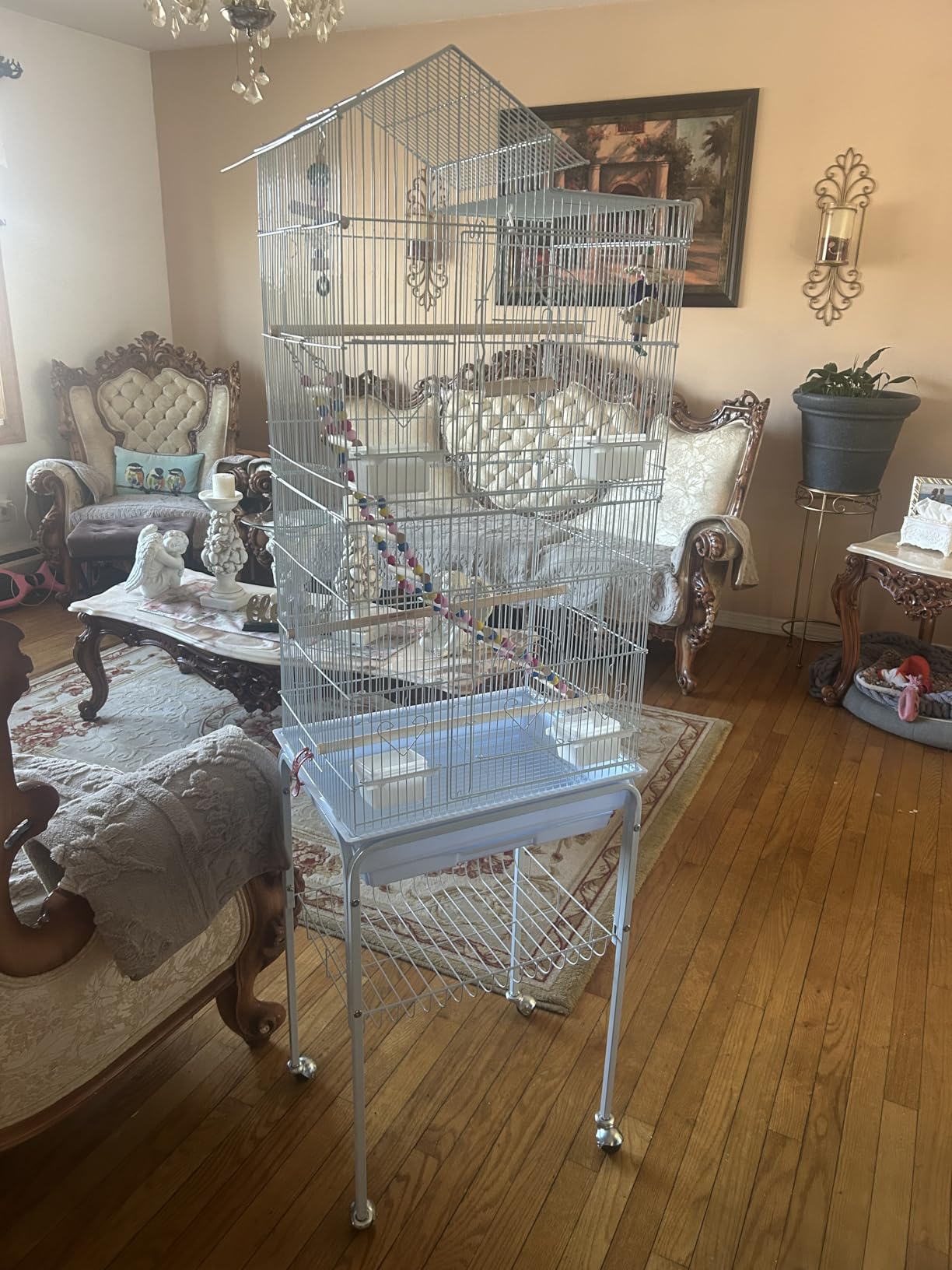 Yaheetech 62.5-inch Roof Top Flight Bird Cage for Parakeets Cockatiels Conures Finches Lovebirds Canaries Budgies Small Parrots, Large Birdcage with Detachable Rolling Stand, White customer photo 1