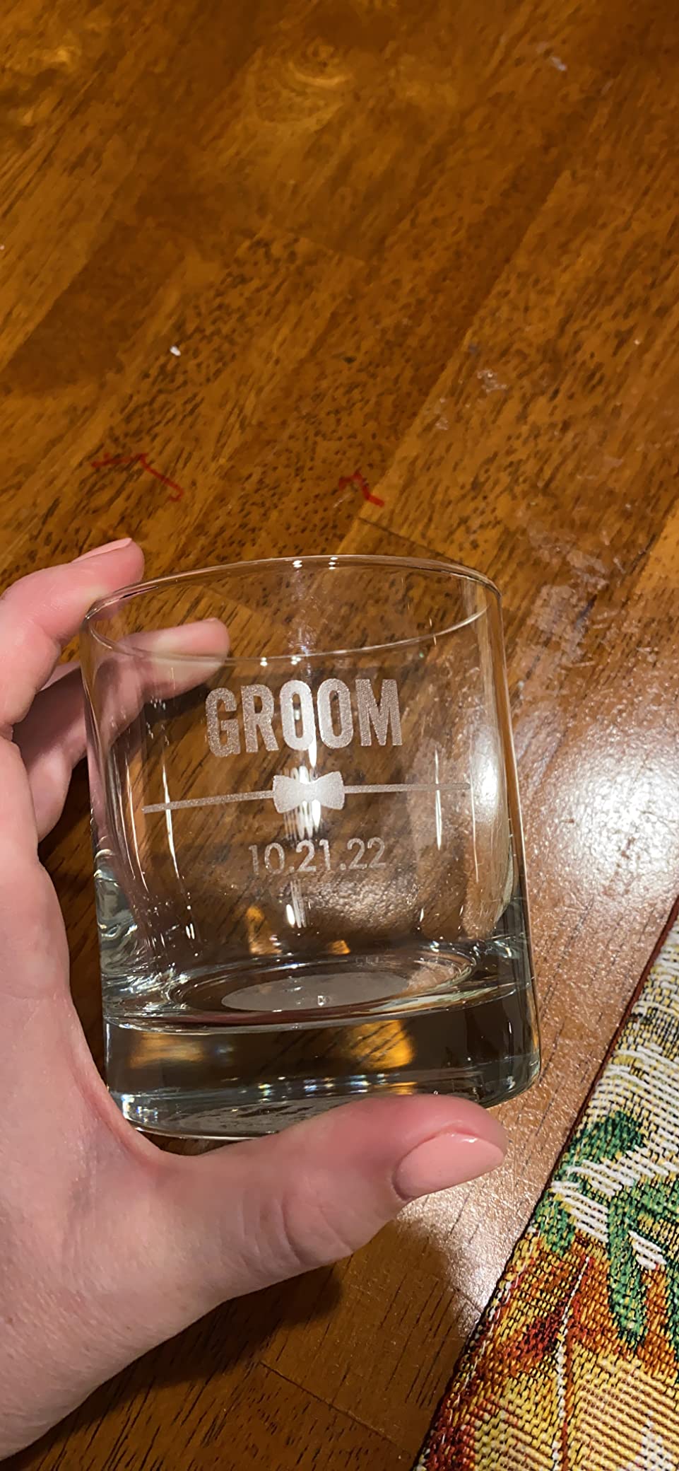 Father of the Groom Gifts, Personalized Whiskey Glass 10.5 oz Engraved | Lead-free, weighted base, dishwasher safe, made in USA; add name and date; bourbon, scotch, cocktails customer photo 1