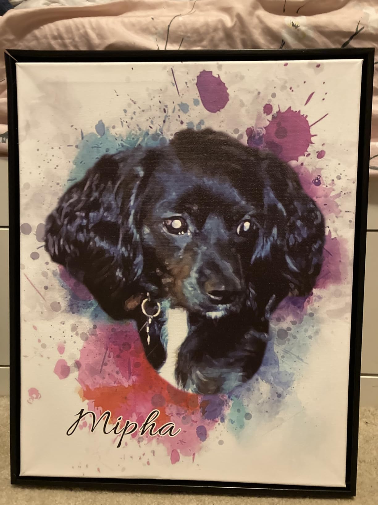Custom Dog/Cat Portrait Watercolor Painting Framed Canvas Prints with Your Photos Wall Art for Home Decoration, Personalized Memorial Gift for Pet Lovers Dog Moms (12x16 inches, Black Frame) customer photo 1