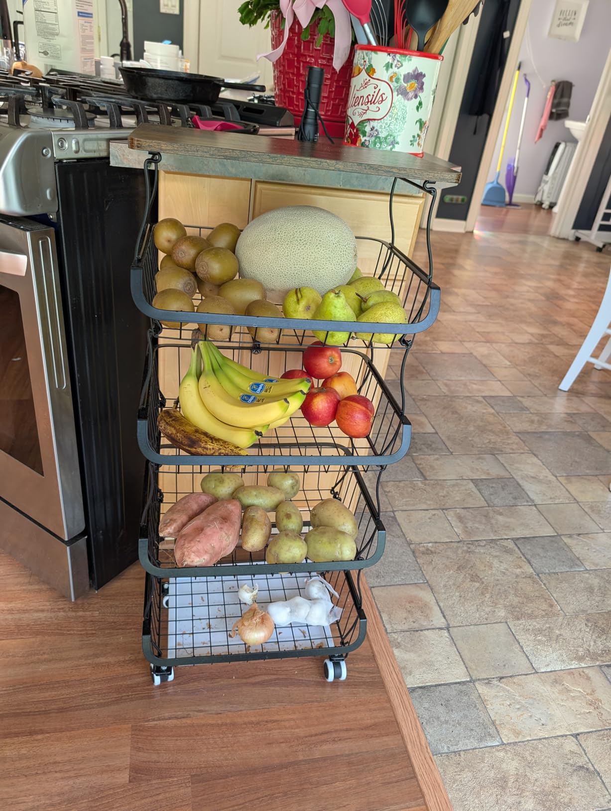SAYZH 5-Tier Fruit and Vegetable Basket Stand for Kitchen, Wood Top, Black customer photo 1