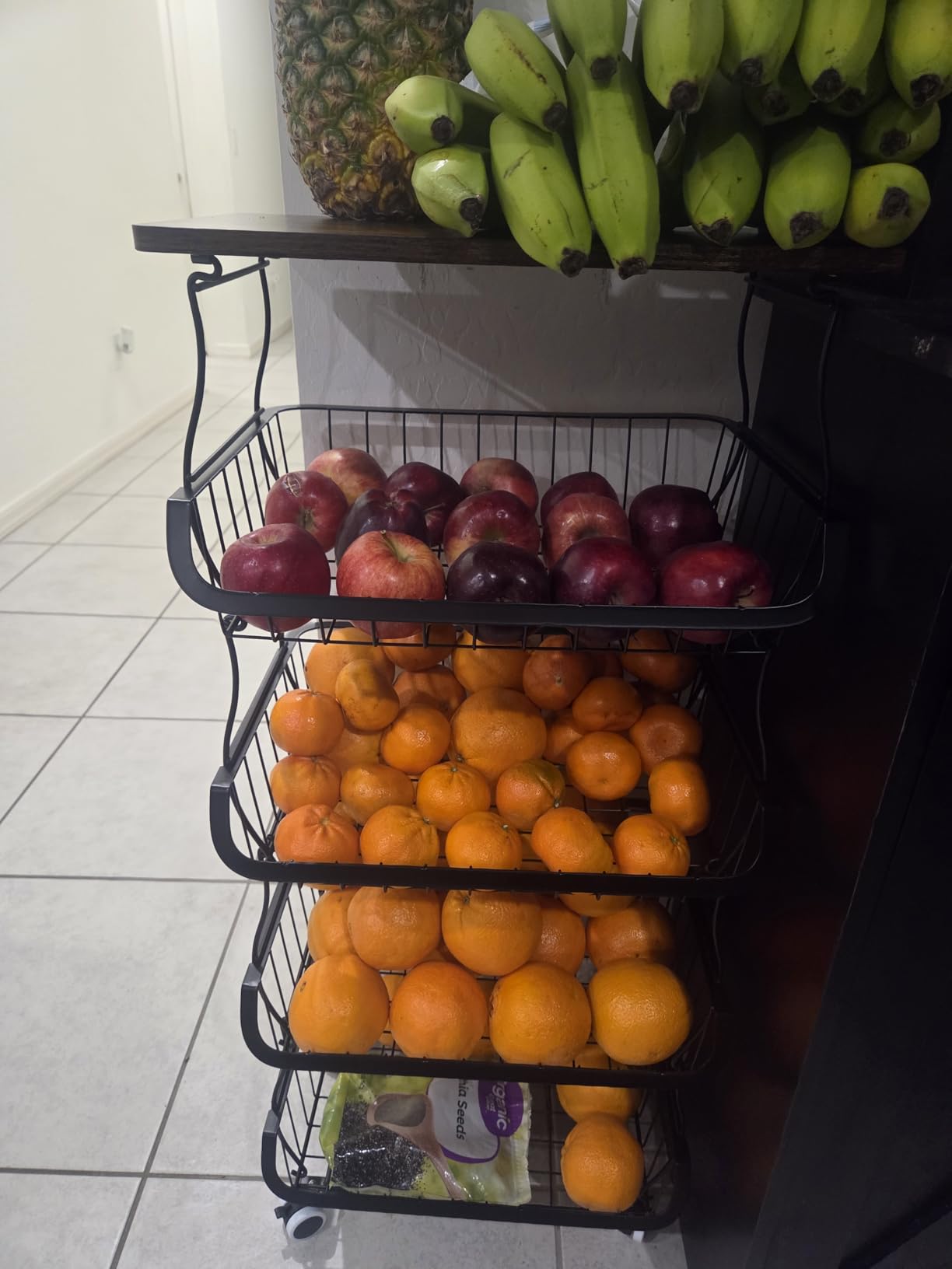 SAYZH 5-Tier Fruit and Vegetable Basket Stand for Kitchen, Wood Top, Black customer photo 2
