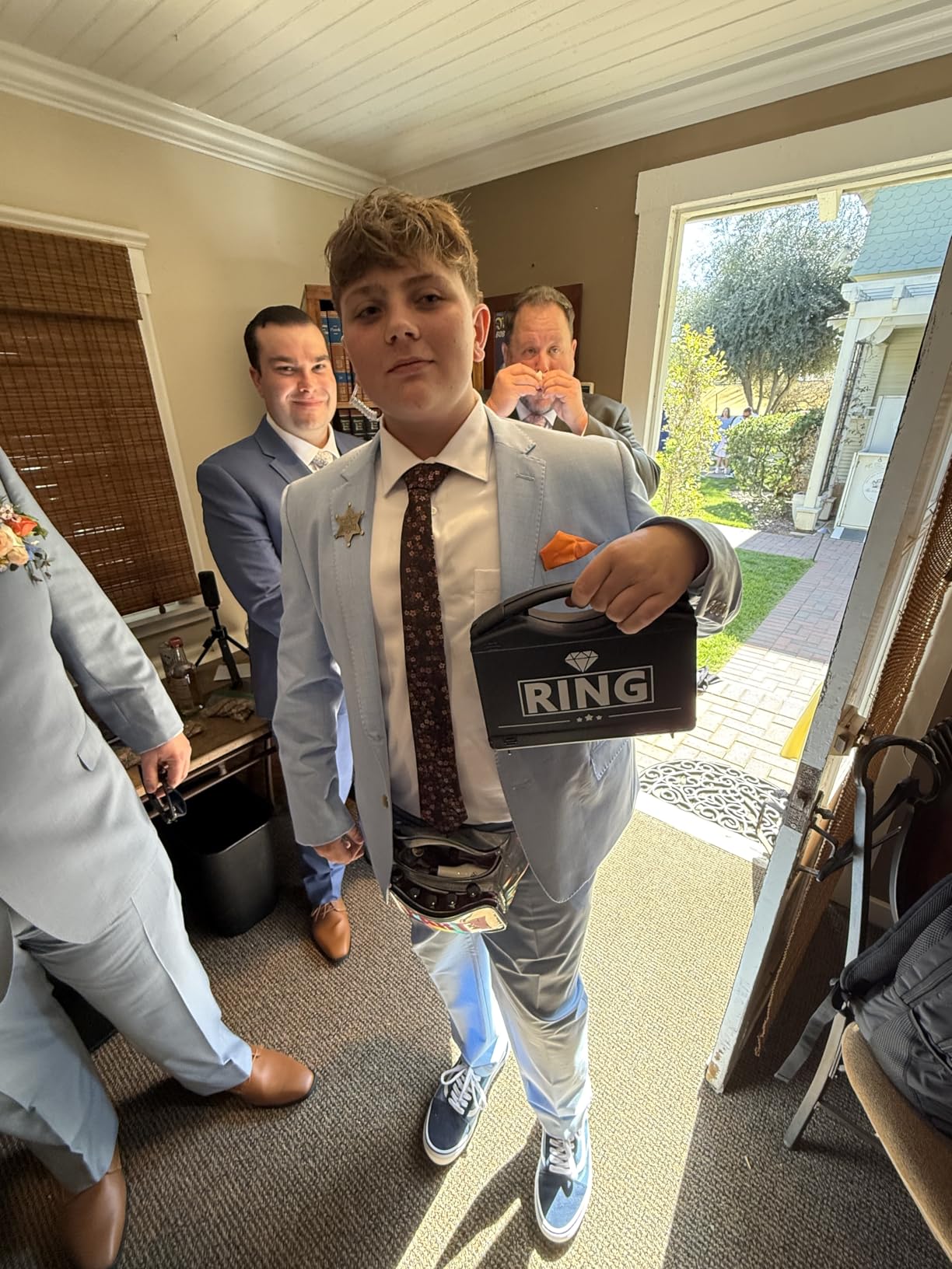 Ring Wedding Bearer Security: Ring Box Bearer + Sun Glasses + EarPiece Cosplay + Ring Badge Bearer Toy Ring Bearer Gifts Box Outfit (Gold Classic Style) customer photo 2
