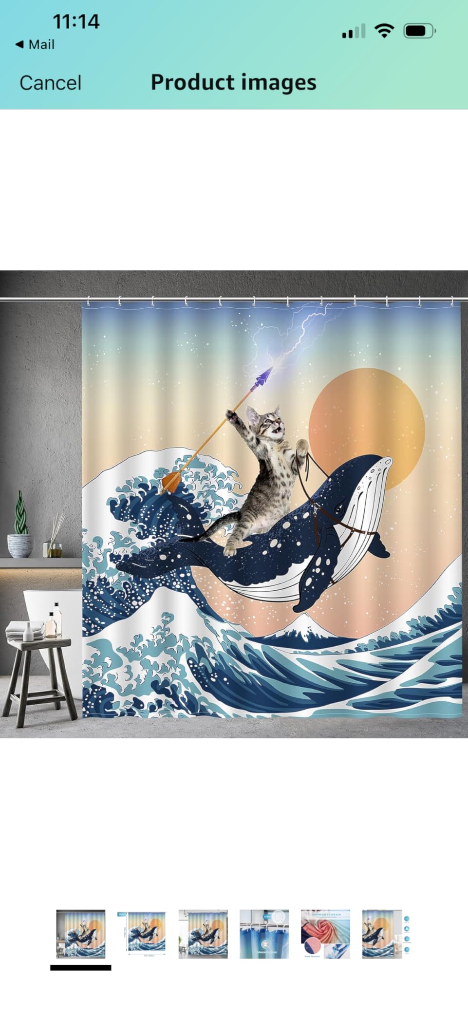 Aimego Funny Shower Curtain Brave Cat Holding Trident Riding Whale in Ocean Wave, Shark Cat Shower Curtain Set with 12 Hooks for Bathroom Decor Accessories Bathtub Curtain, 72