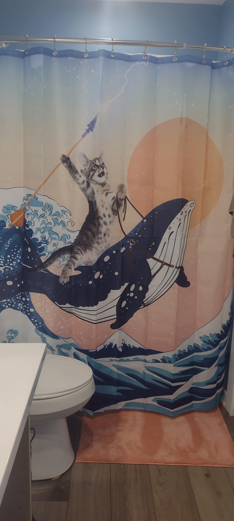 Aimego Funny Shower Curtain Brave Cat Holding Trident Riding Whale in Ocean Wave, Shark Cat Shower Curtain Set with 12 Hooks for Bathroom Decor Accessories Bathtub Curtain, 72