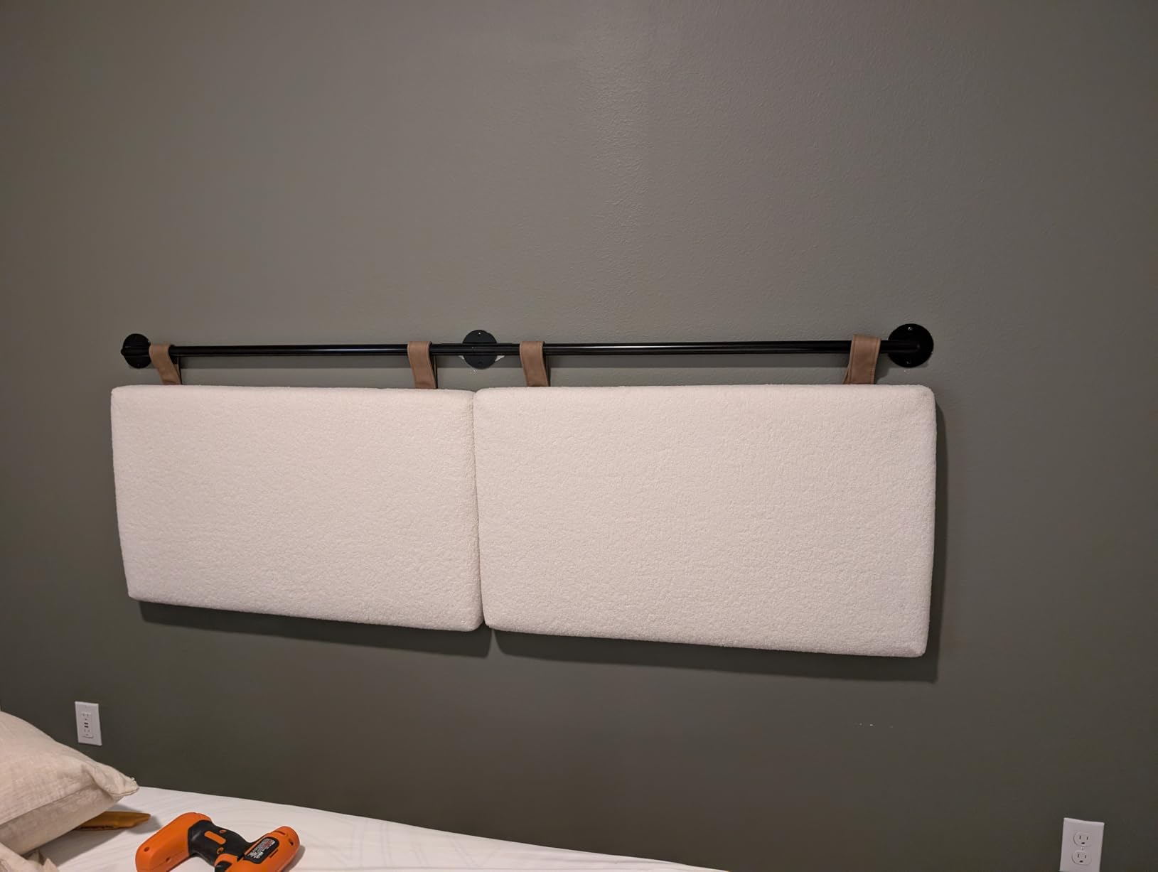 Nathan James Charlie Wall Mount Hanging Upholstered Headboard, Queen, White Boucle with Brown Faux Leather Straps customer photo 2
