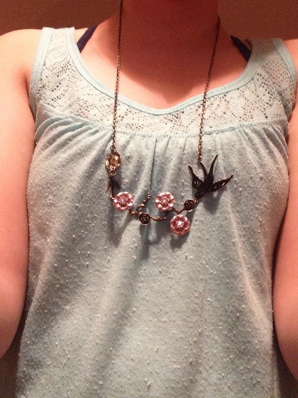 Antique Golden Hand Painted Pink Cherry Blossom Flower Enamel Black Sparrow Birds Necklace customer photo 1