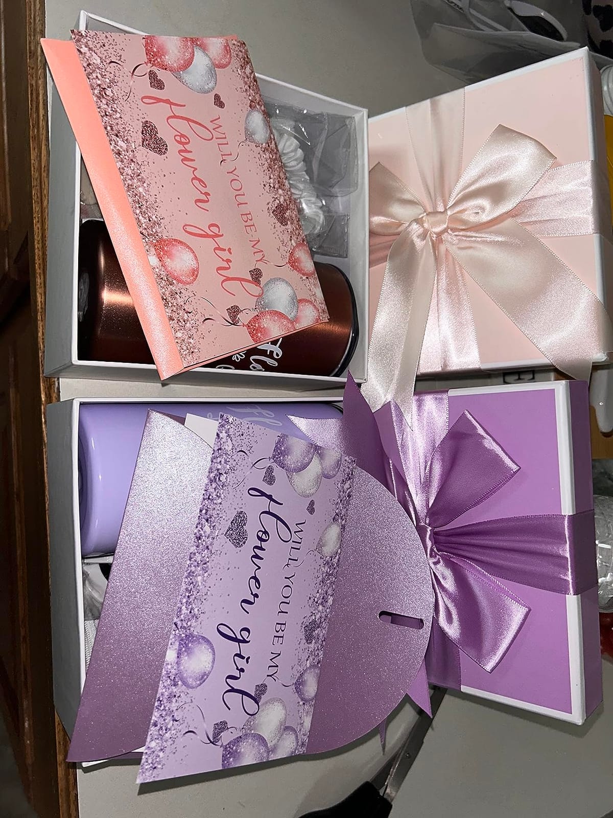 Sieral 9 Pcs Flower Girl Proposal Gifts Box Will You Be My Flower Girl Gift | Box Basket with Tumbler with Straw, Bride Gift Box, Canvas Bag, Sunglasses, Hair Ring, Diamond Pen, Envelope, Purple, Retro customer photo 1