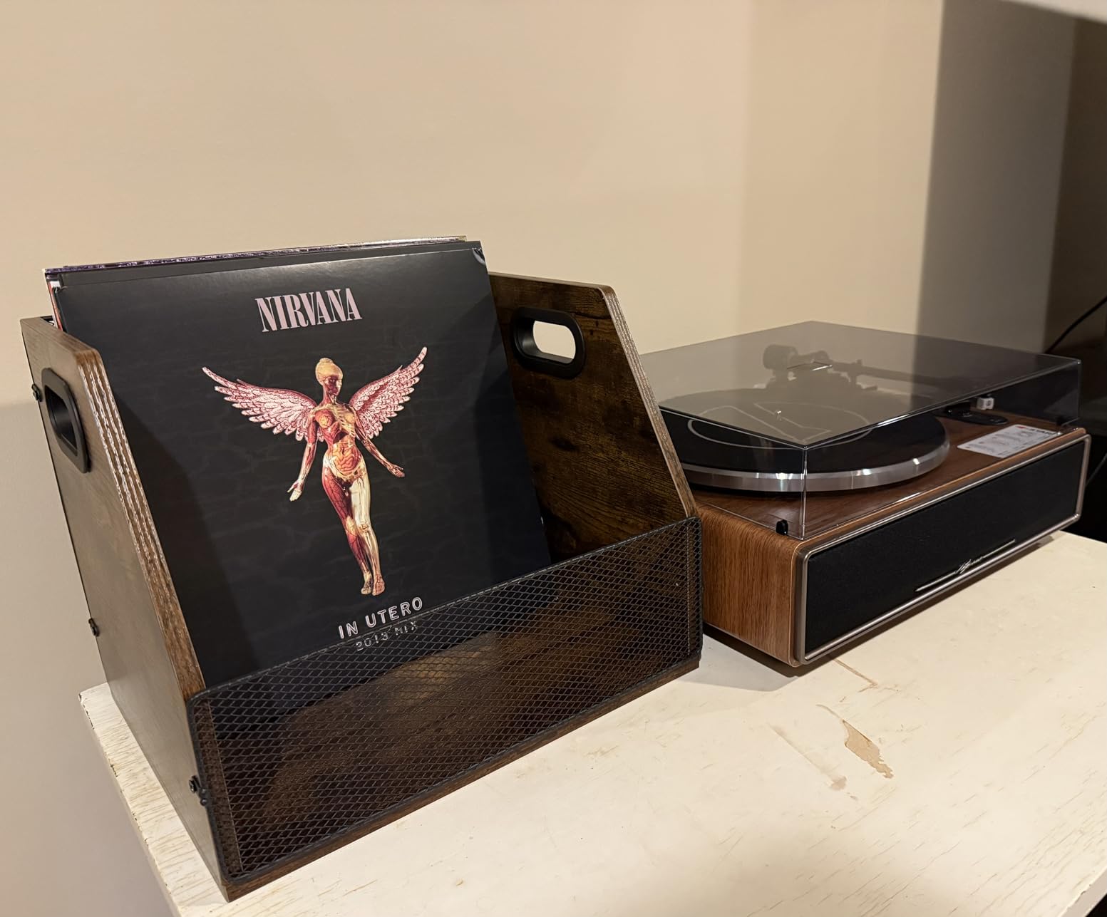 Homeiju Vinyl Record Storage, Record Box Case Crate, Vinyl Record Album Holder, Metal & Wooden LP Record Crate, Holds up to 60 Records customer photo 1