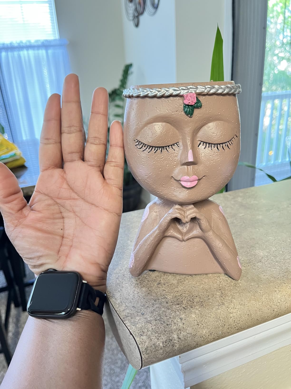 Face Planter Pot with Heart Hands Indoor Plants Resin Head Planter, Brown customer photo 1