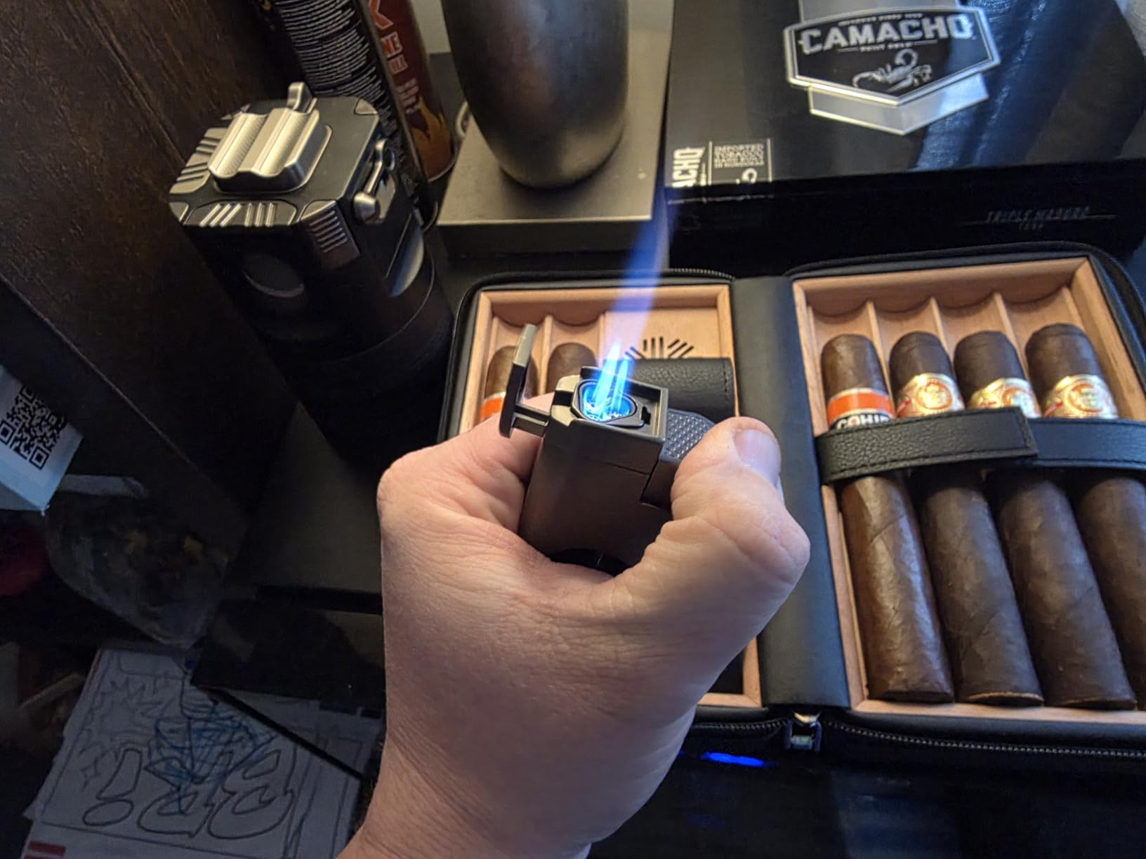 TISFA Cigar Humidor, Leather Cedar Wood Cigar Case with Cigar Lighter, V Cut Cigar Cutter, Cigar Holder 3 in 1, Portable Travel Cigar Humidor Box with Humidifier (Brown) customer photo 1