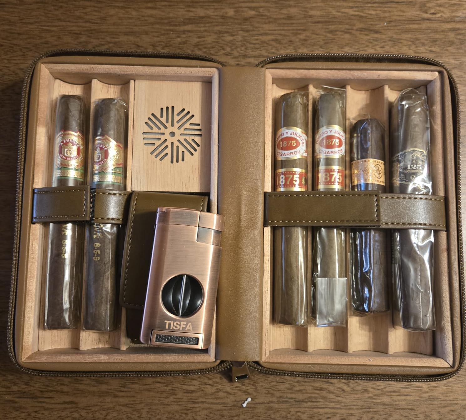TISFA Cigar Humidor, Leather Cedar Wood Cigar Case with Cigar Lighter, V Cut Cigar Cutter, Cigar Holder 3 in 1, Portable Travel Cigar Humidor Box with Humidifier (Brown) customer photo 2