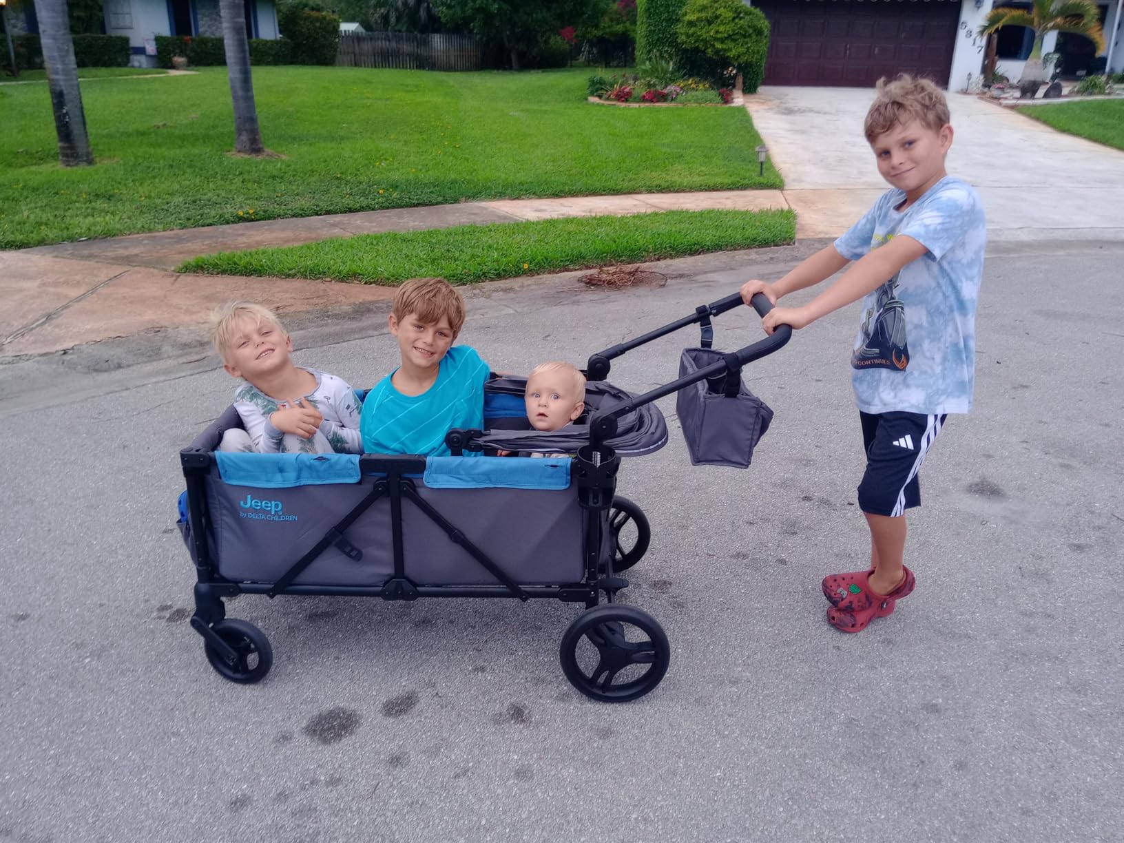 Jeep Sport All-Terrain Stroller Wagon by Delta Children - Includes Canopy, Parent Organizer, Adjustable Handlebar, Snack Tray & Cup Holders, Grey/Blue Moon customer photo 1