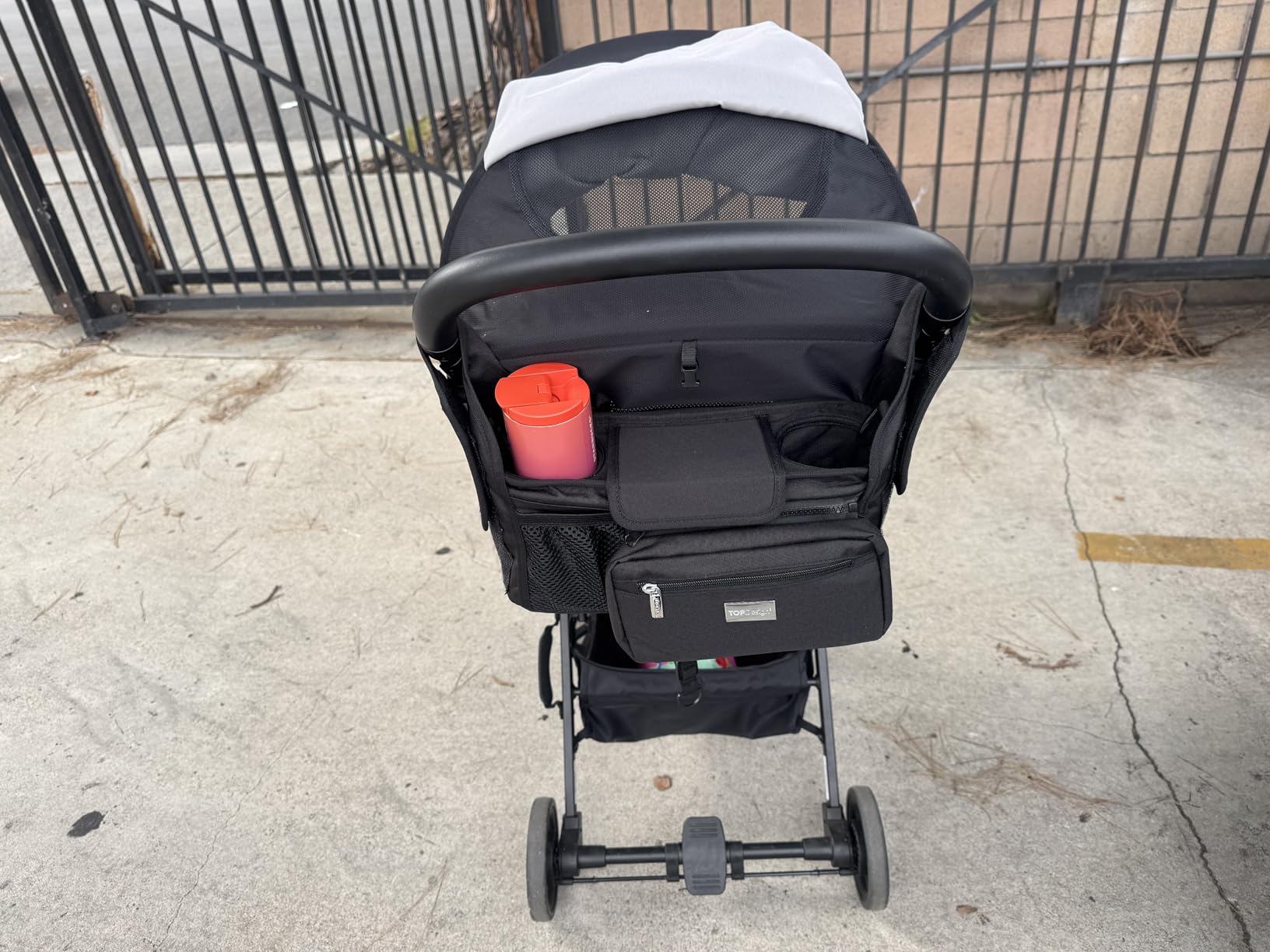 TOPDesign Universal Baby Stroller Organizer, Stroller Caddy with Detachable Mesh Bag & Heightened Insulated Cup Holders & Non-Slip Secure Hooks Accessories, Fits Most Strollers (Black) customer photo 1