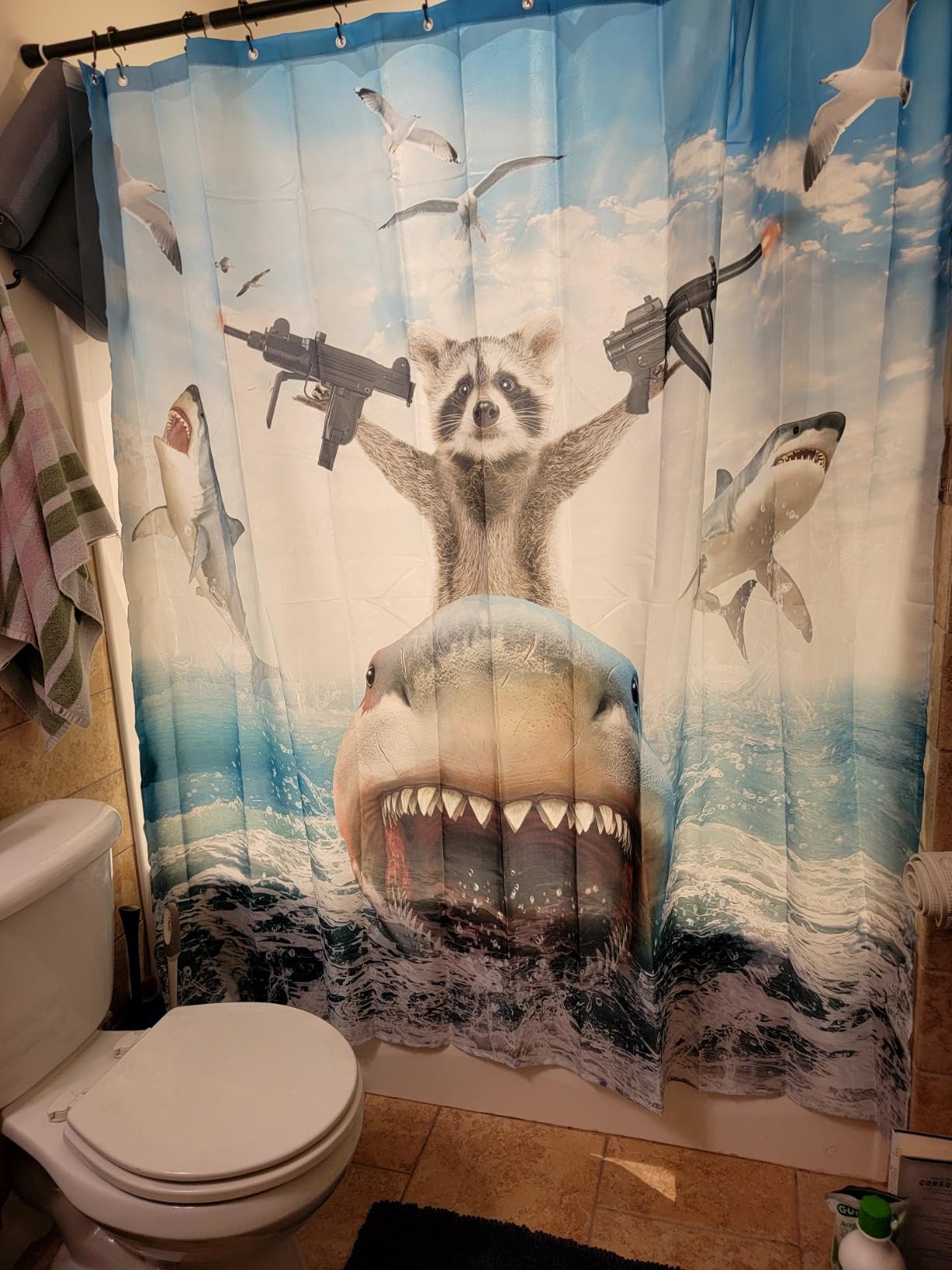 TOMOZ Funny Animal Shower Curtain, Cool Raccoon Riding Shark Theme Ocean Shower Curtain for Bathroom, Fun Nautical Fabric Bath Curtain with 12 Hooks 69 x 70Inch customer photo 2