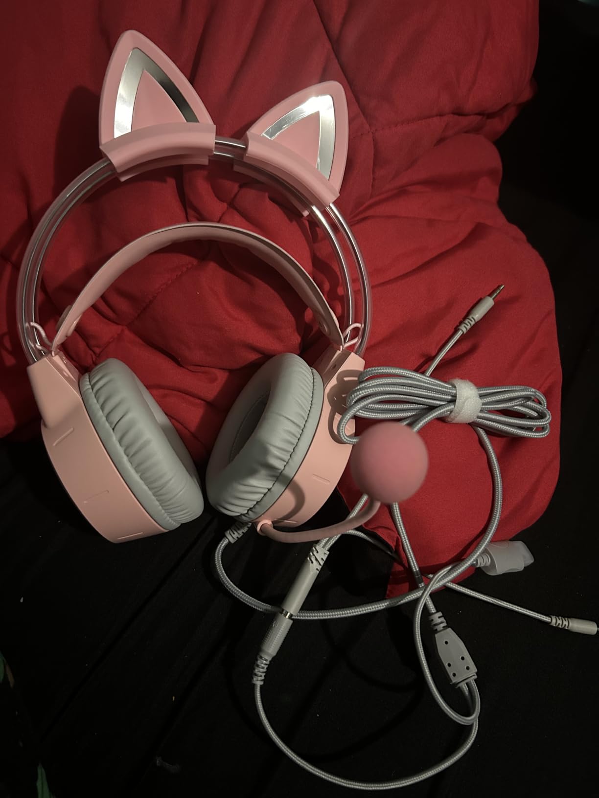 Lightweight Gaming Headset, RGB Lighting, Wired Over Ear Headphones with Mic for PC Laptop PS4 PS5 Switch, Stereo Surround Sound, Self-Adjusting Headband, Pink Cat Ear customer photo 2