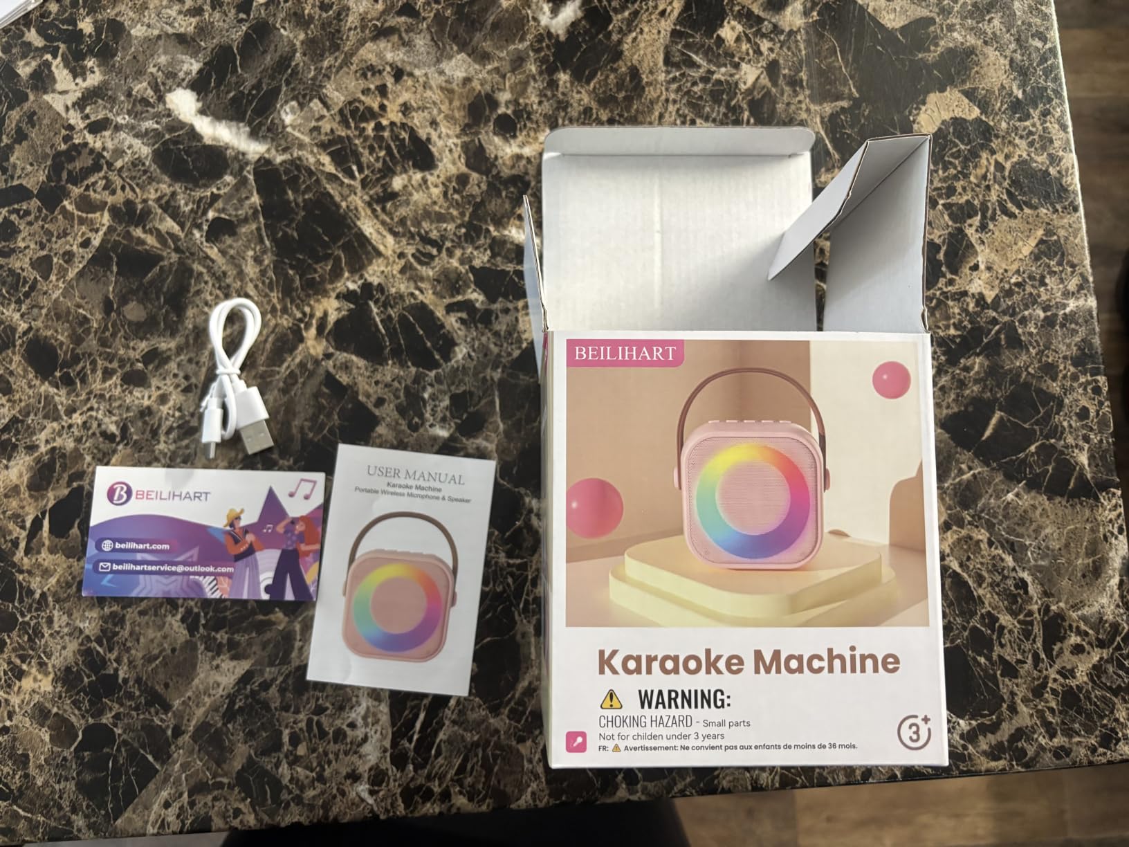 Mini Karaoke Machine, Portable Bluetooth Speaker with 2 Wireless Microphones, 360° Surround Sound, 5 Voice Effects, LED Lights customer photo 1