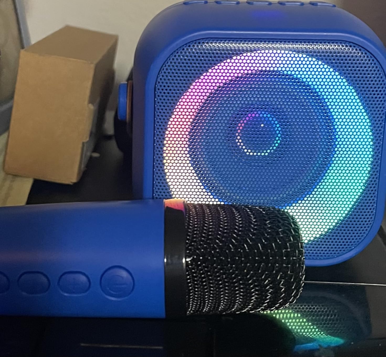 Mini Karaoke Machine, Portable Bluetooth Speaker with 2 Wireless Microphones, 360° Surround Sound, 5 Voice Effects, LED Lights customer photo 2