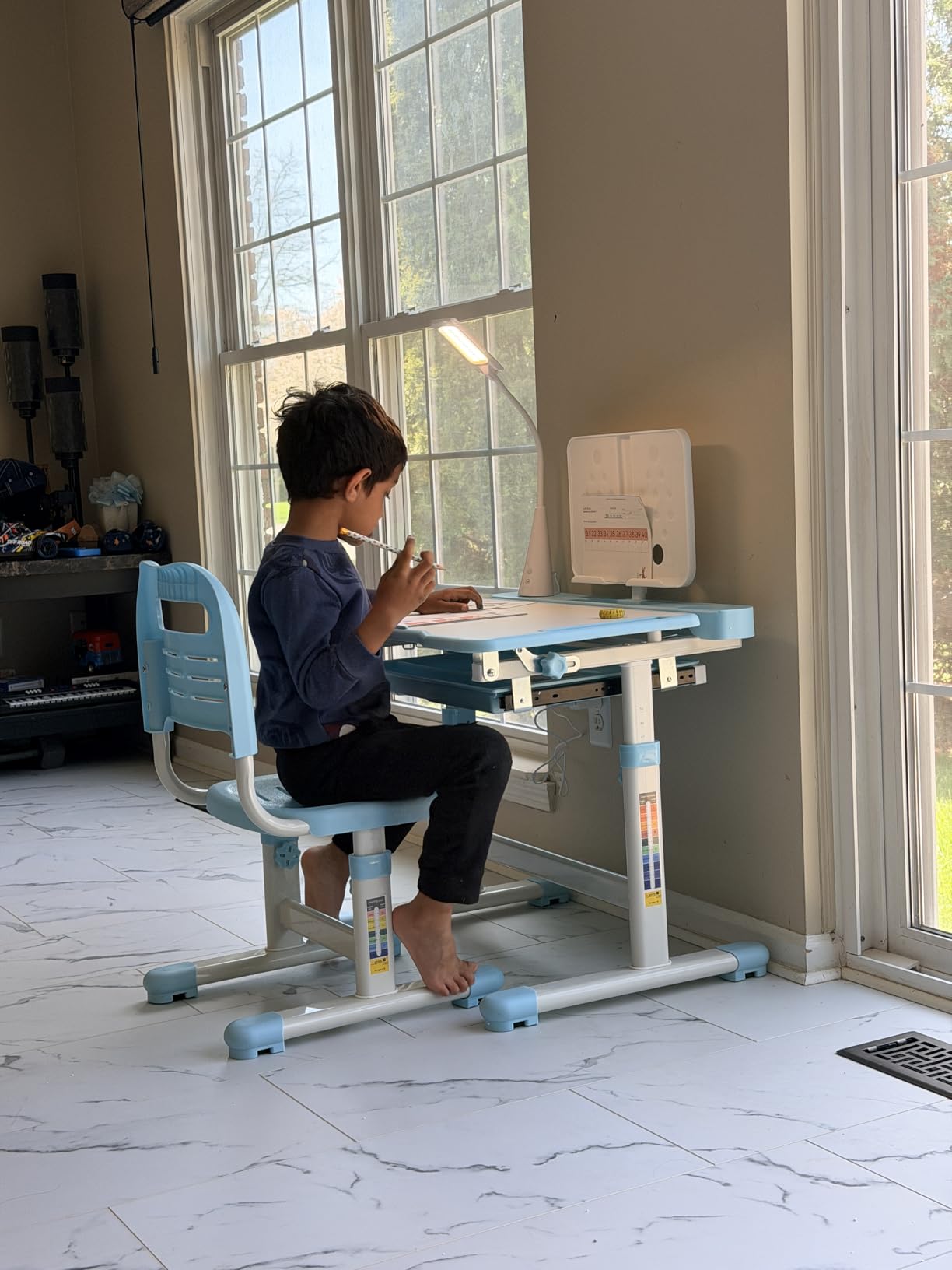 Rengue Kids Desk and Chair Set, Height Adjustable Children School Functional Study Desk with 55° Tiltable Desktop, 3 Modes & Brightness LED Light, Storage Drawer & Metal Hook for Boys Girls (Grey) customer photo 1