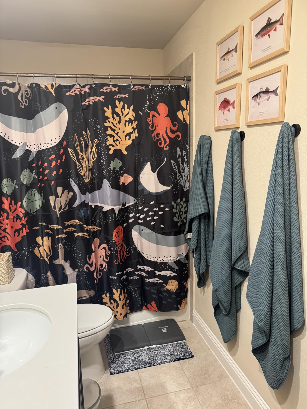 Shark Shower Curtain, Blue Azure Boho Ocean Fish Shower Curtain Abstract Underwater Animal Cartoon Bathroom Curtain with Colorful Fabric Shower Curtains for Kids Bathtub Decor (70X70IN) customer photo 2