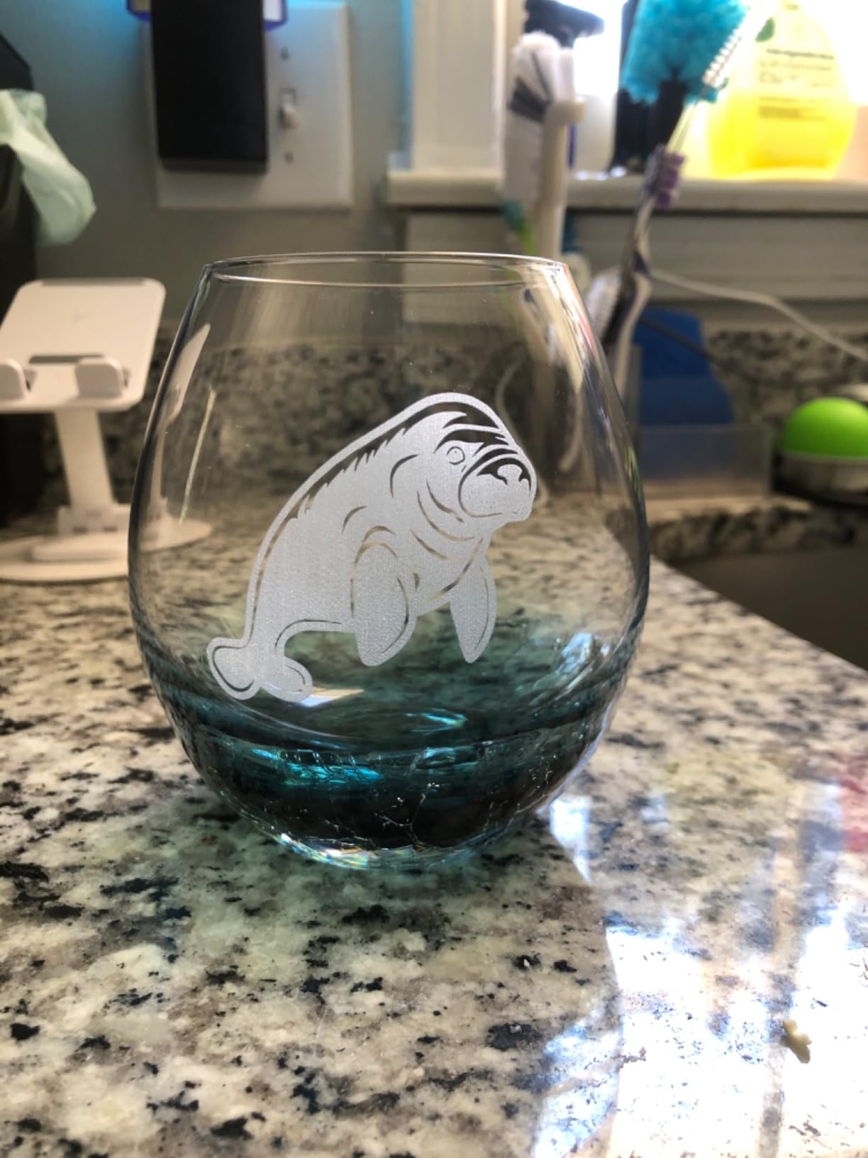 Etchpress Mothers Day Gifts for Mom, Etched Manatee Handmade Engraved Crackle Turquoise Beach Wine Glass customer photo 2