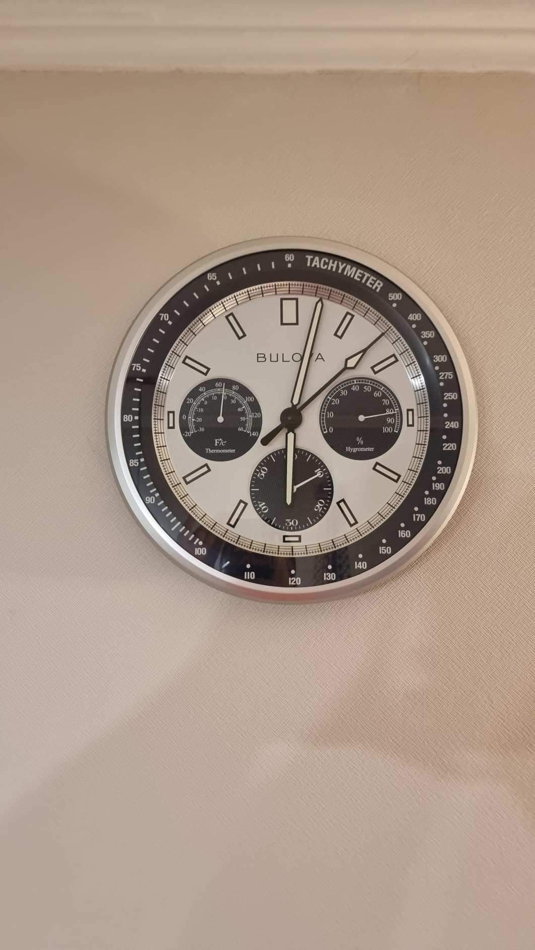 Bulova Lunar Pilot Wall Clock C1971 | Matte Silver Finish | Temperature & Hygrometer Display | Silent Sweep Quartz Movement | 13.75-Inch customer photo 1
