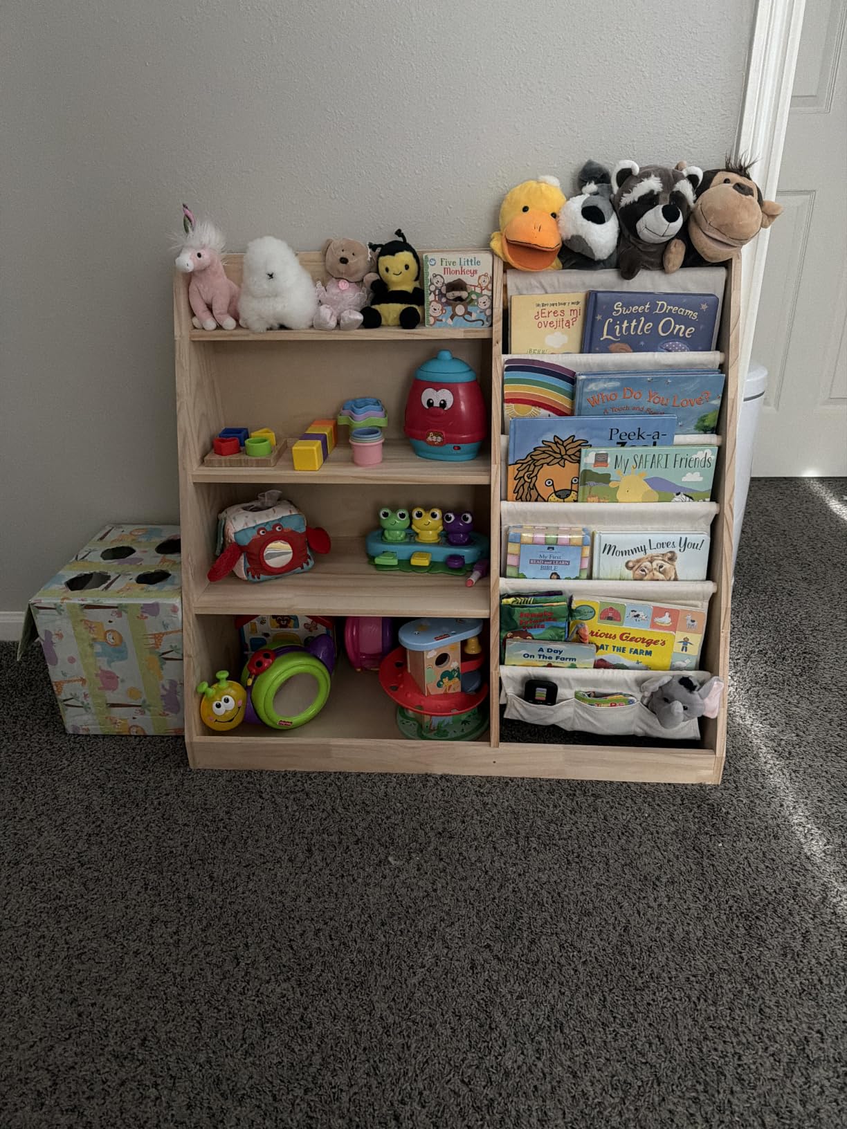 EXPERLAM Kids Bookshelf and Toy Storage Organizer, 4 Tier Wooden Kids Book Shelf with Sling Book Rack in Kids Room Playroom Nursery for Kids, Children, Toddlers customer photo 2