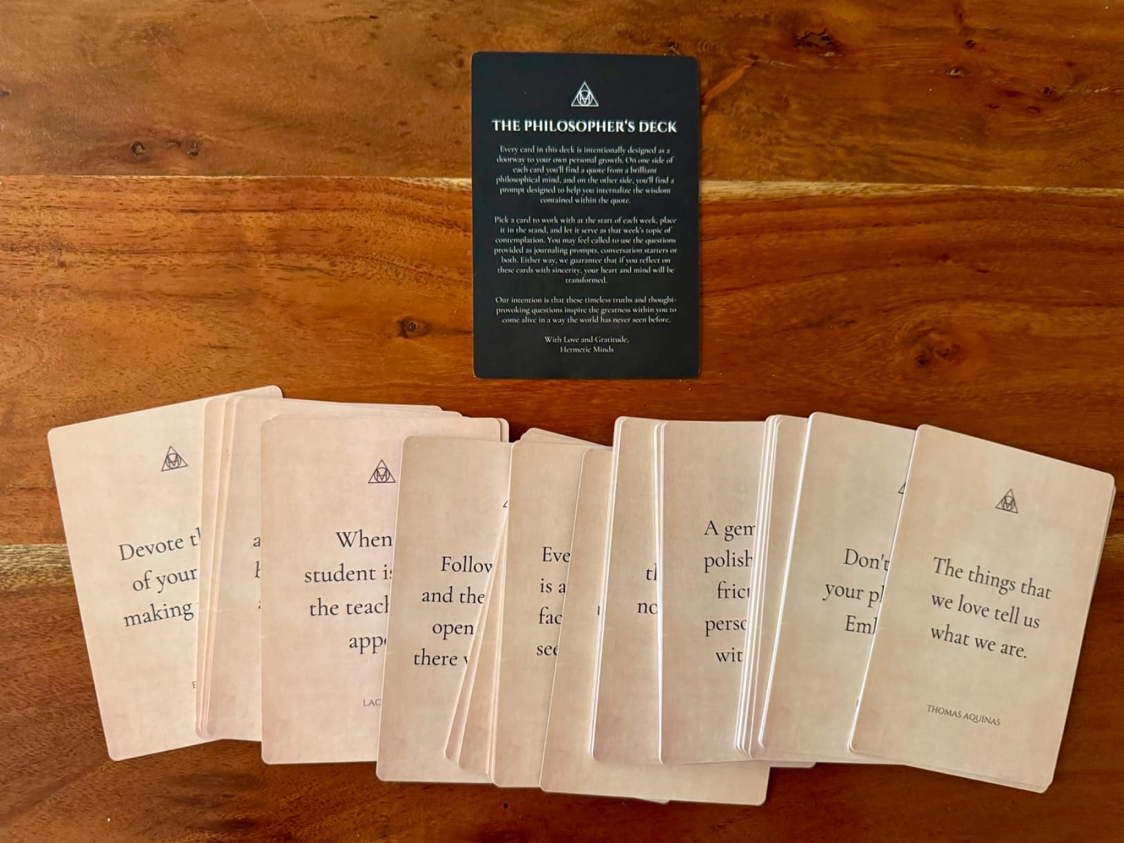 The Philosopher's Deck - Motivational Affirmation Cards for Men & Leaders | 52 cards each with a quote & journal prompt from Stoics, mystics, sages & modern thinkers, office & desk decor, display stand customer photo 1