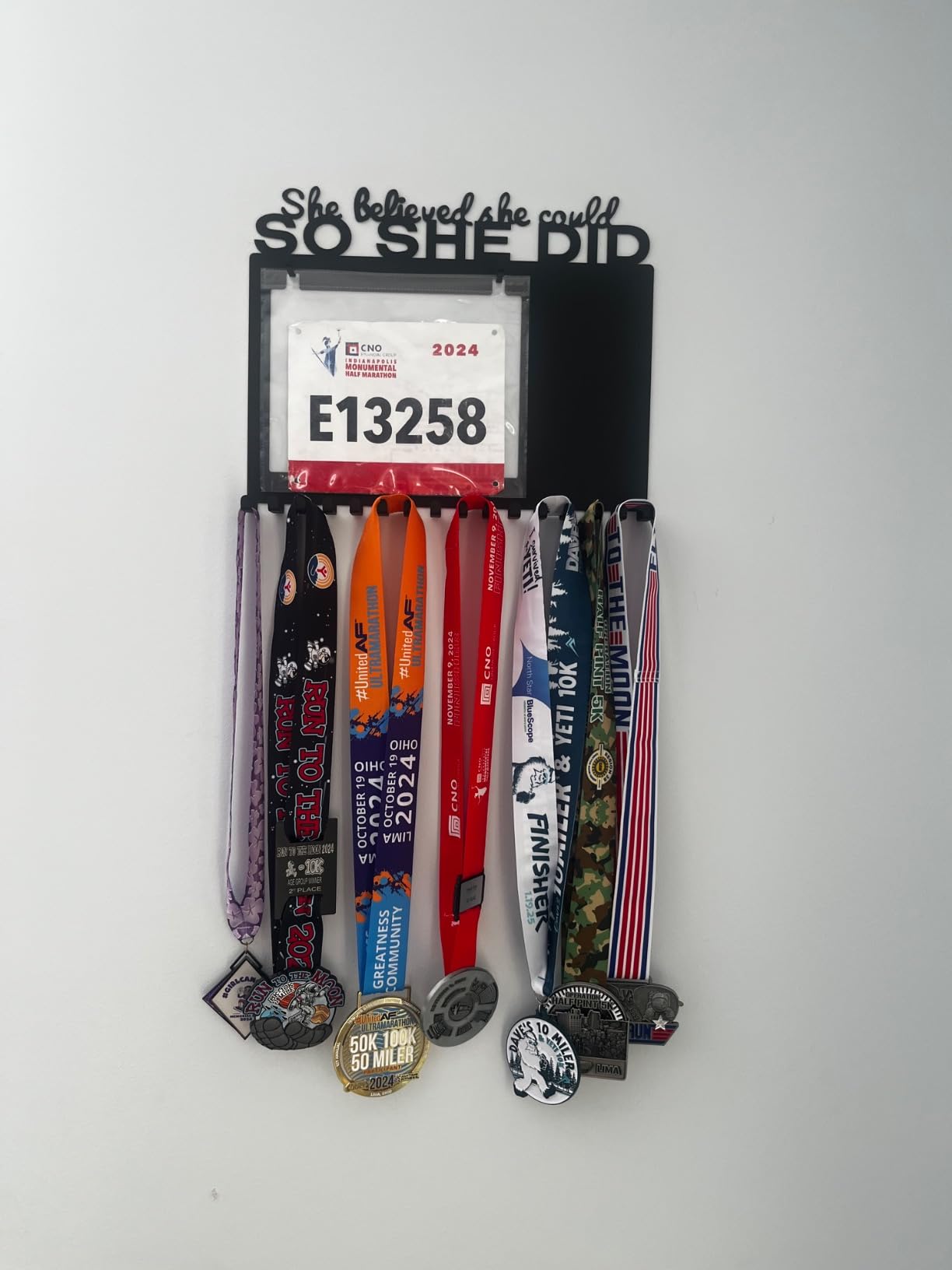 Race Bib and Medal Display for Marathon Runners | 20 Bib Sleeves | Holds 40 lbs | Rust-Proof | Easy Mount | Hardware Included | Custom Logo Name | Runner Gift Essentials customer photo 2