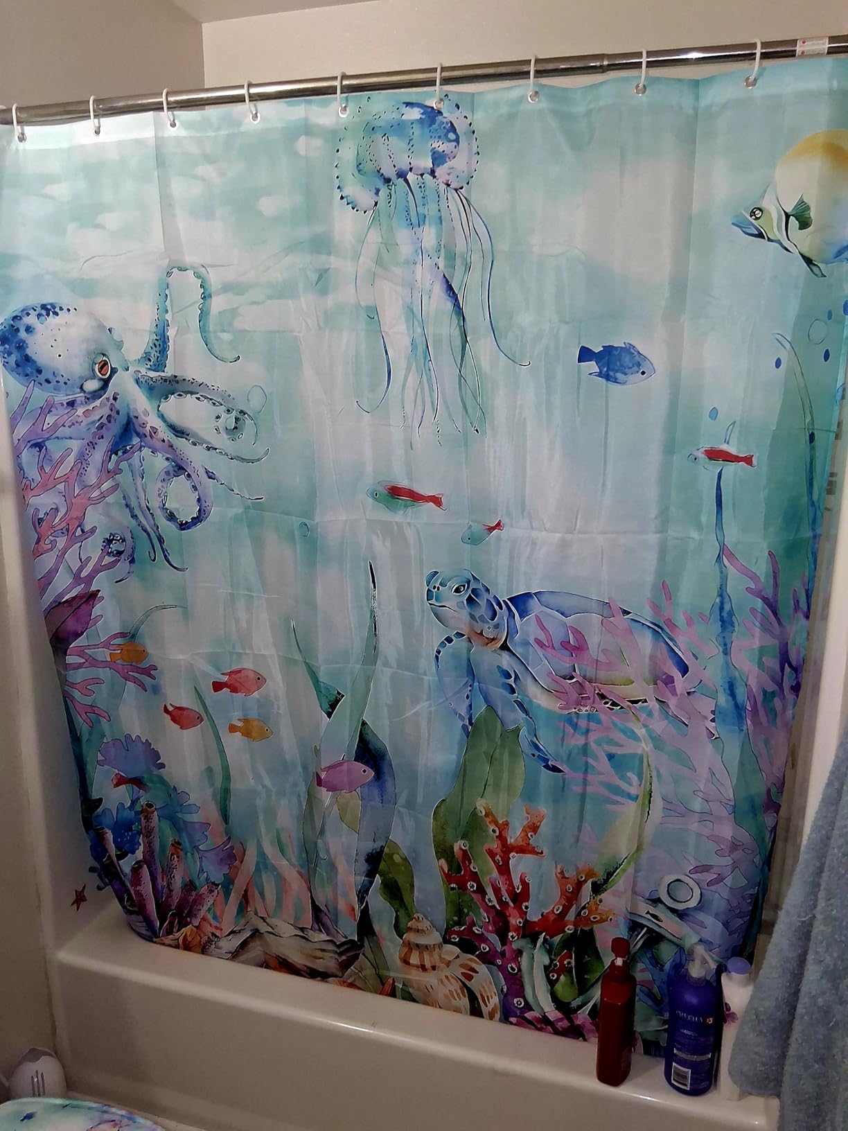 Nkzply 4 Pcs Blue Shower Curtain Set Ocean Seaworld Bathroom Sets with Rugs customer photo 1
