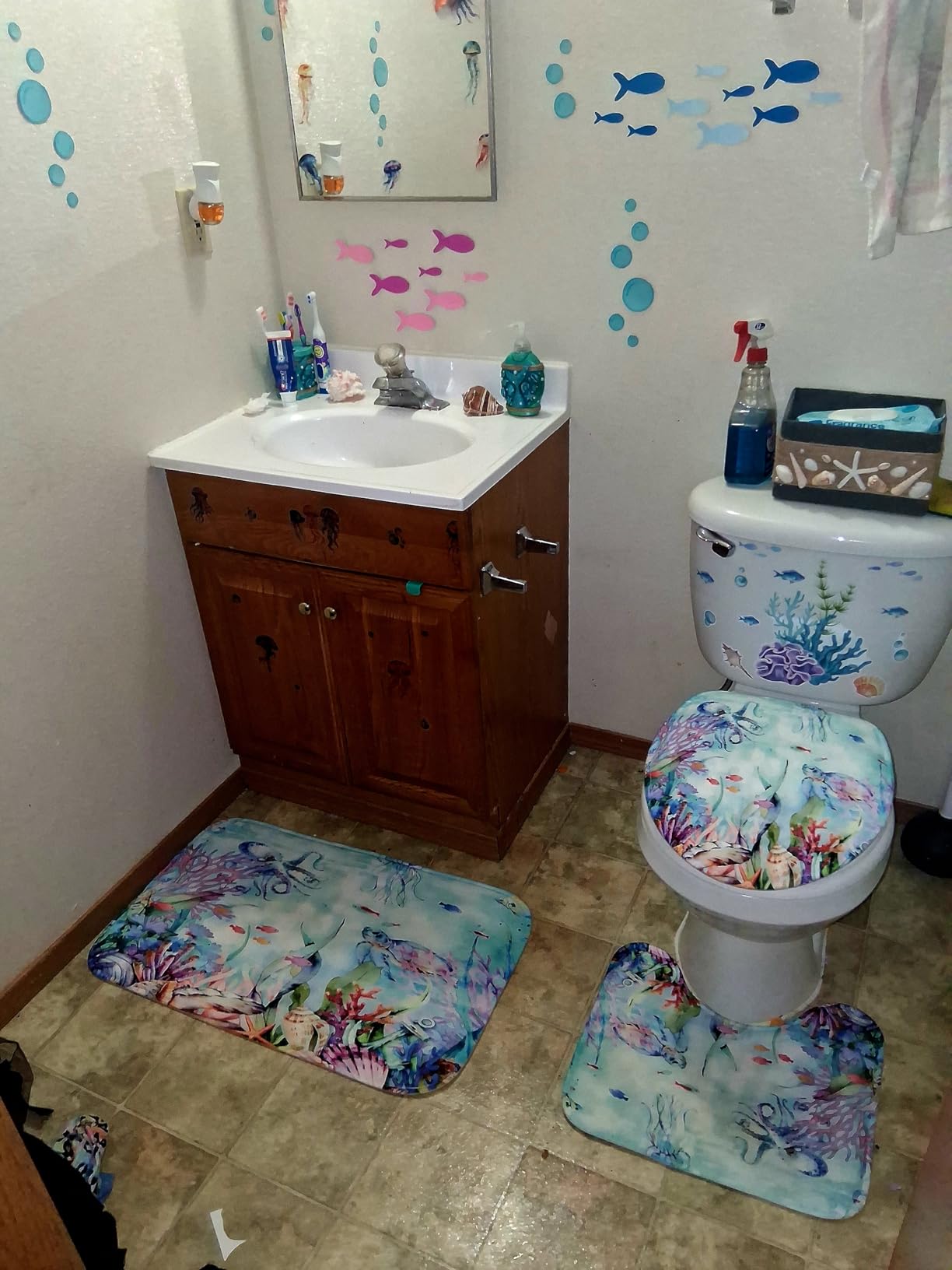 Nkzply 4 Pcs Blue Shower Curtain Set Ocean Seaworld Bathroom Sets with Rugs customer photo 2